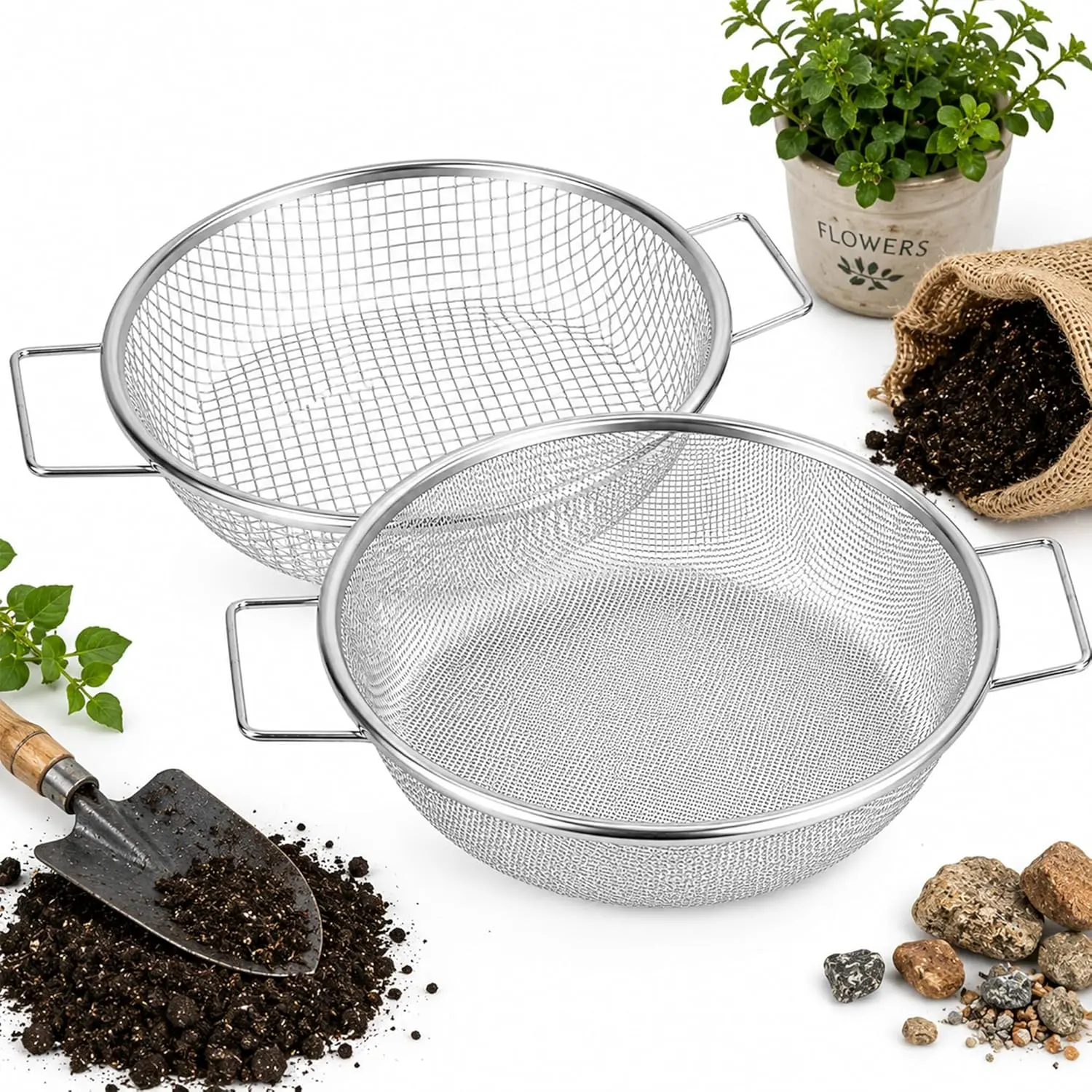 2PCS Soil Sifter for 5 Gallon Bucket, 1/4"+1/8" Mesh Garden Sieve Set, 30cm Heavy Duty Stainless Steel Compost Sifter with Handle, for Rocks Dirt Worm Castings Sifter Seed Starting Sieve Potting Mix