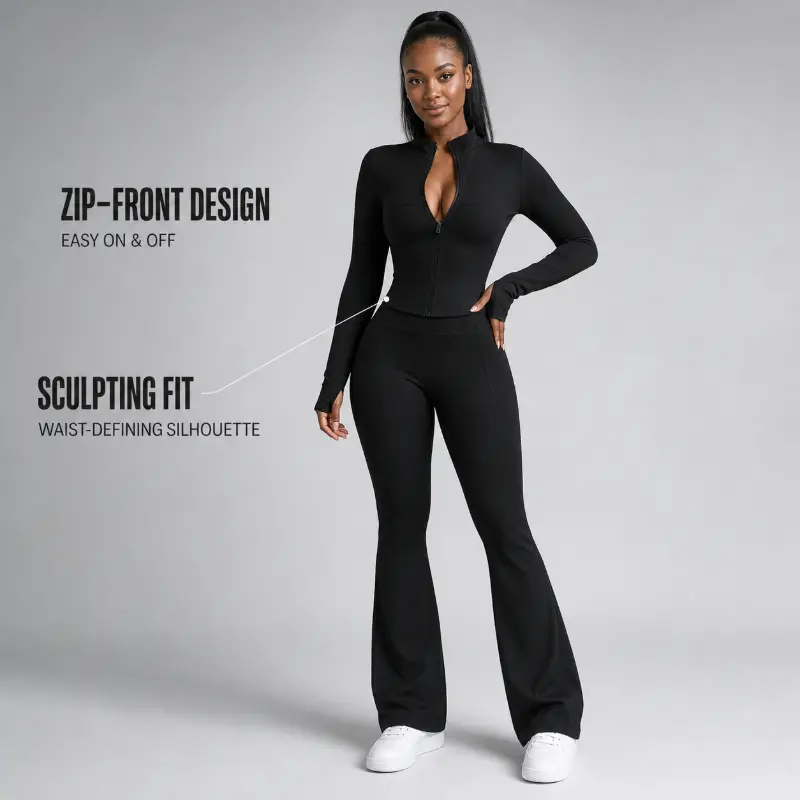 Women's 2-Piece Workout Set - Long Sleeve Zip-Up Slim Fit Yoga Jacket, High Waisted Butt Lifting Flared Leggings, Stretch Gym Running Activewear