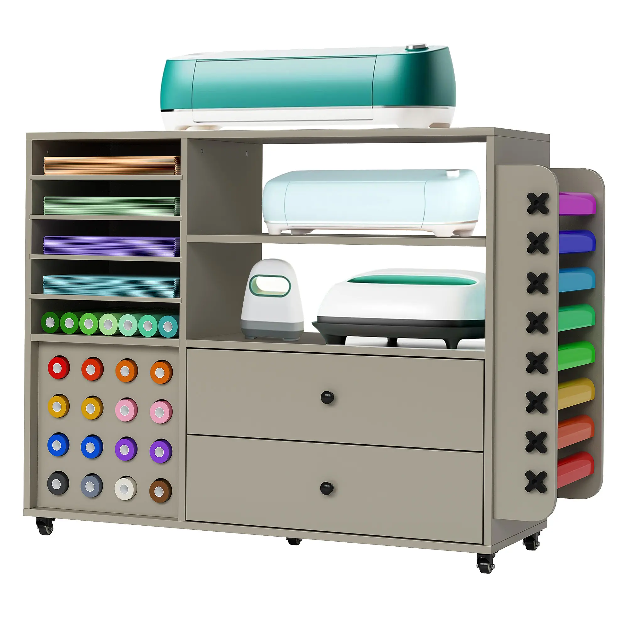 Craft Storage Cart for Cricut Machines, Rolling Workstation with 24 Vinyl Roll Holders, 2 Drawers & Locking Wheels for Craft Room & Home Office