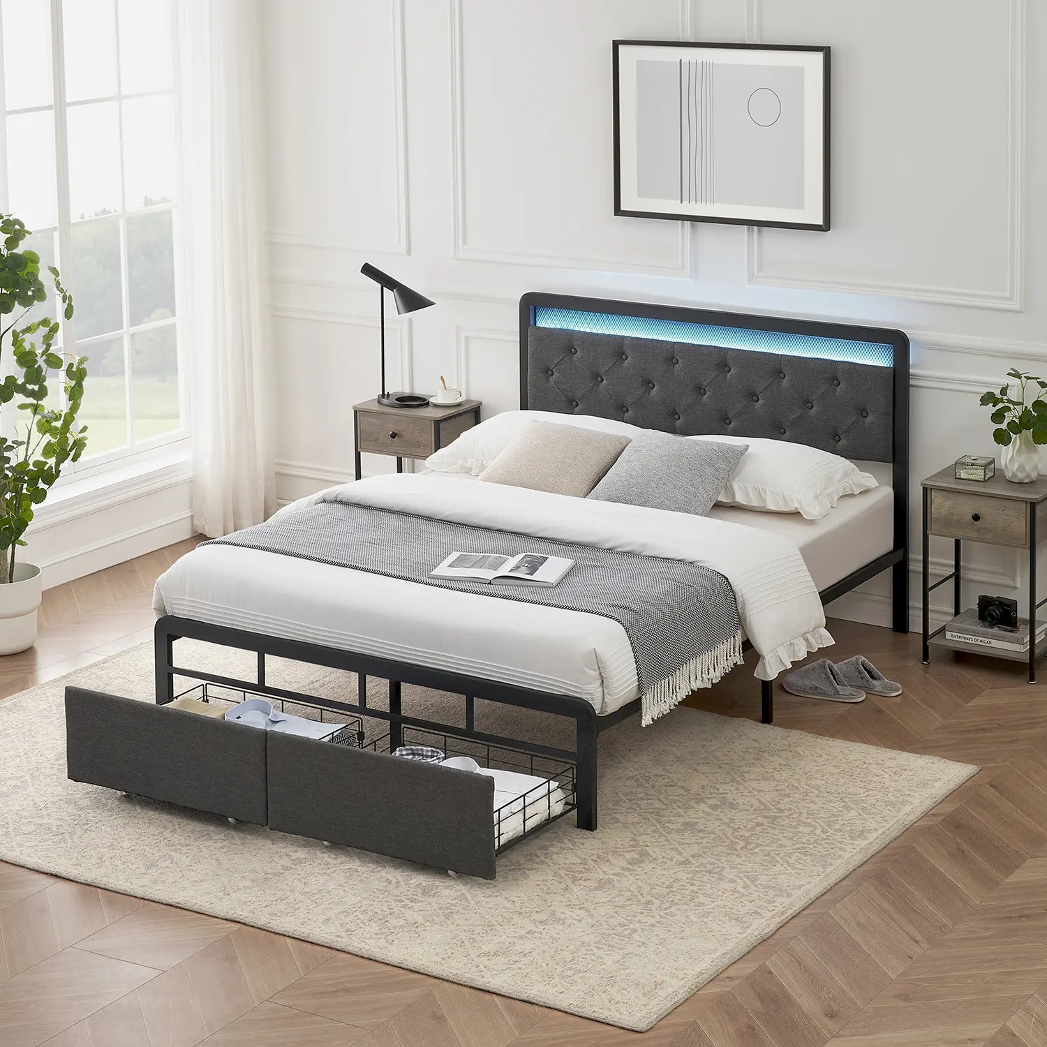Full/Queen Dark Gray Upholstered Platform Bed with 2 Storage Drawers, LED Button-Tufted Headboard, No Box Spring