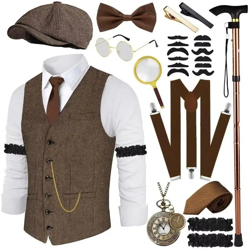 1920s Men's Costume and Accessories Set Roaring 20s WaistCoat Suspenders Hat Pocket Watch Tie 1920s Men Gatsby Cosplay Outfit