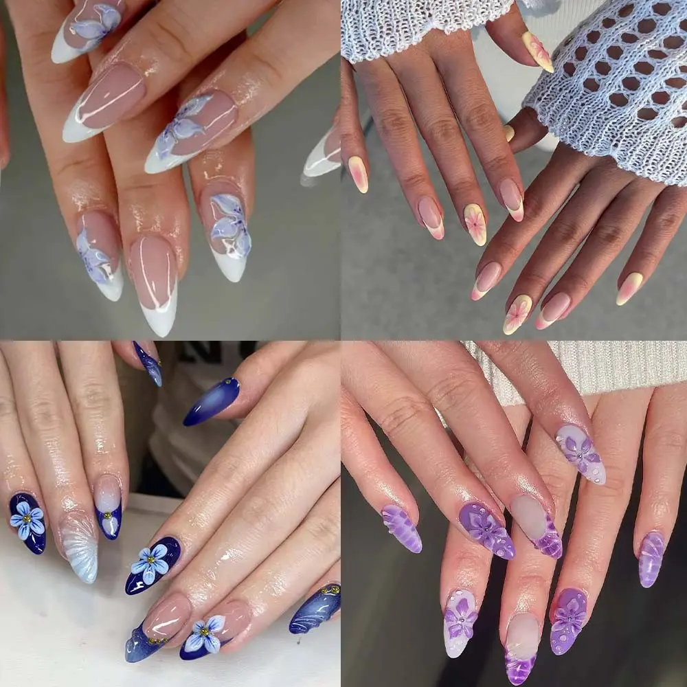96pcs 3D Gel Nail Art Stickers, Rhinestone Flower Nails, Nail Design, Almond Shape, Includes Jelly Glue & File, Perfect for Women & Girls, Diy Nails Art, Nail Art Kit, Nail Art Set