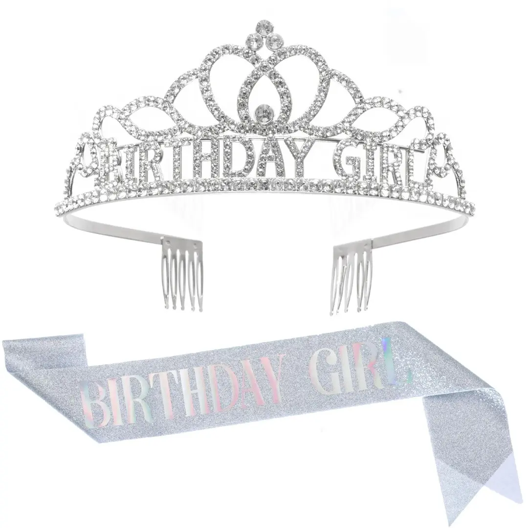 1 Set Birthday Girl Tiara and Sash Set, Gold Rhinestone Crown Headband with Glitter Birthday Sash, Birthday Crowns for Women’s Birthday Party Decorations