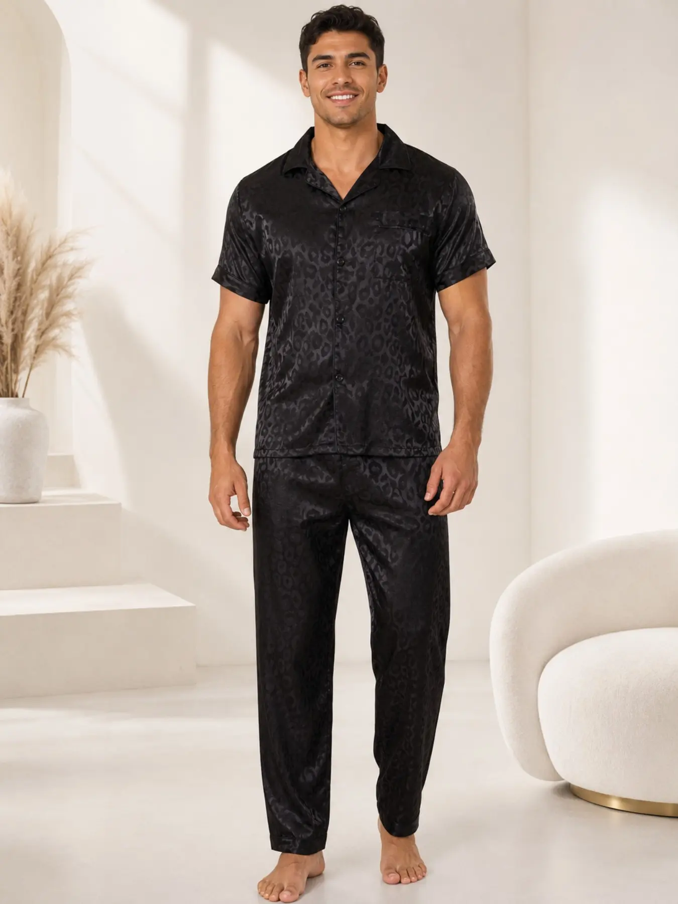 Men's Leopard Print Short Sleeve Long Pants Pajama Set, Collar Button Smooth Elastic Home Wear Two-Piece Set, Casual Slim-Fitting