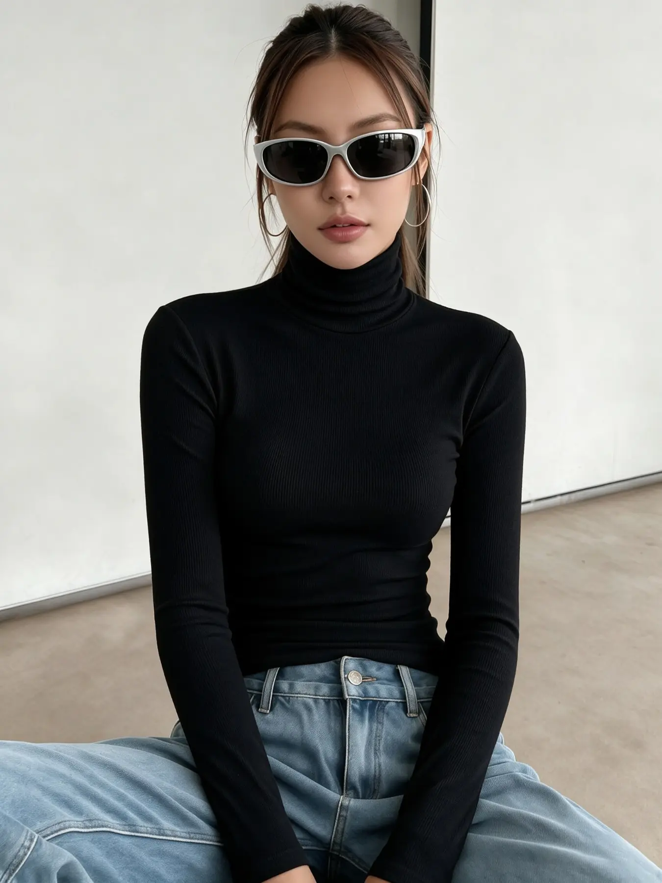 Women Turtleneck Long Sleeve Top, Slim Fit Stretchy Basic Undershirt, Soft Mock Neck Layering Shirt Streetwear for Daily Casual & Street Outfits