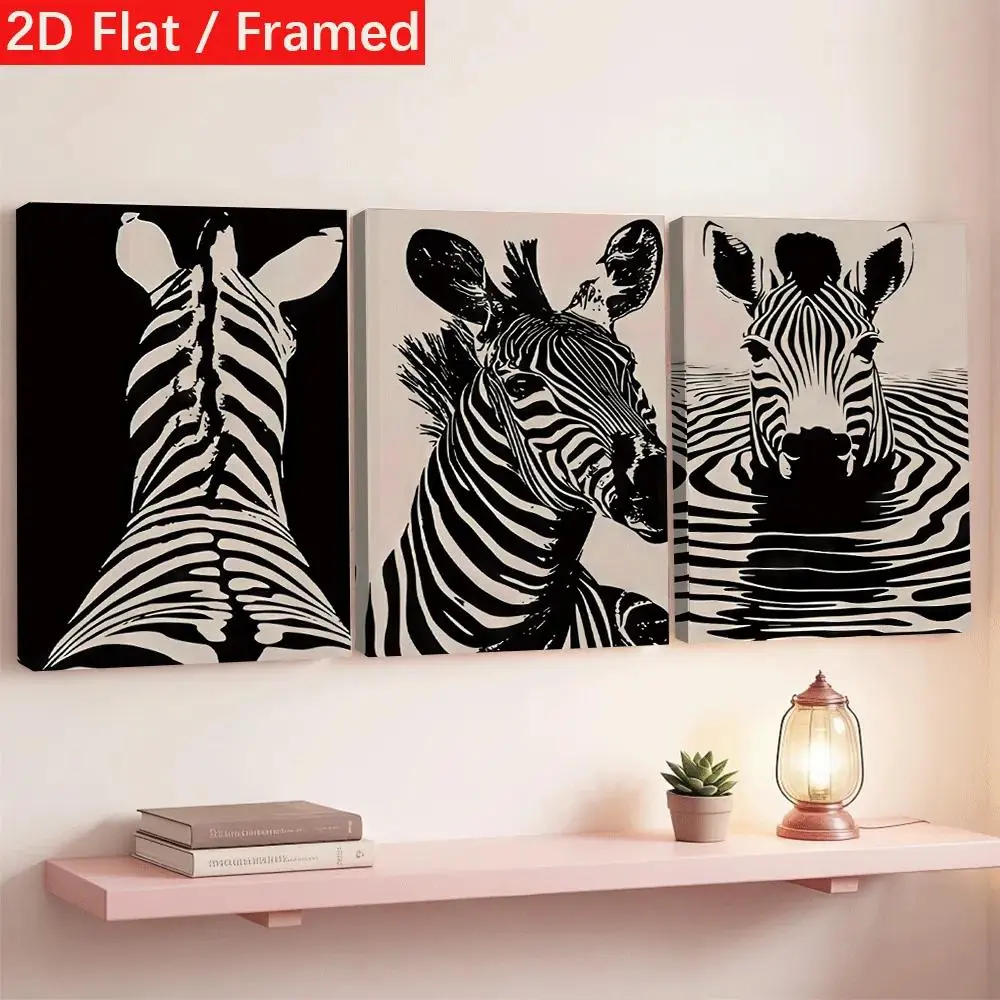 3-Piece Wrapped Frame 2D Canvas Wall Art Set - Black and White Zebra Print High-Definition Giclee Prints, for Living Room, Bedroom Wall Decoration