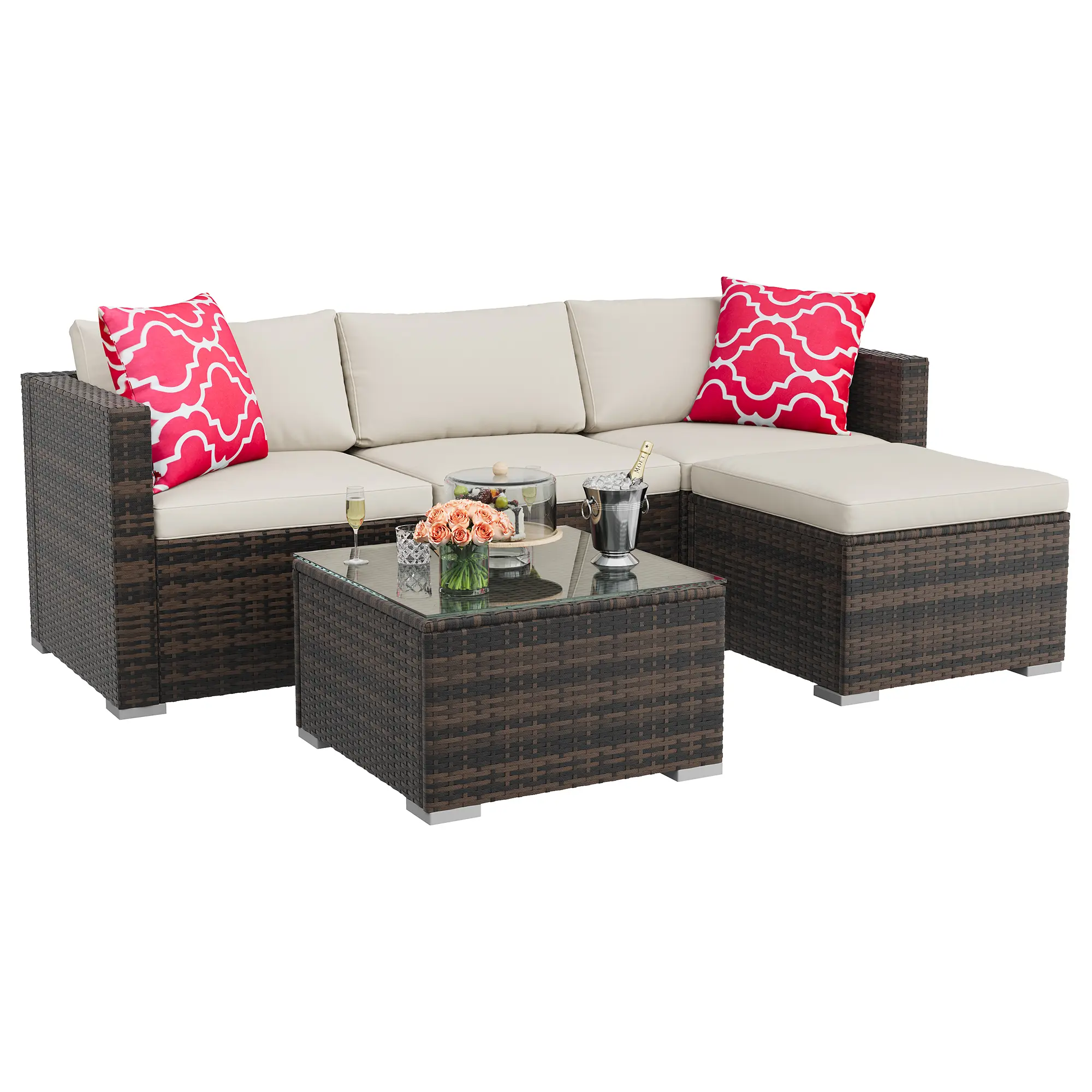 5-Piece Outdoor Wicker Sofa Collection, Weatherproof Rattan Sectional paired with non-slip padded cushions, complete with glass-top coffee table and footrest ottoman, great for garden, balcony and porch decor
