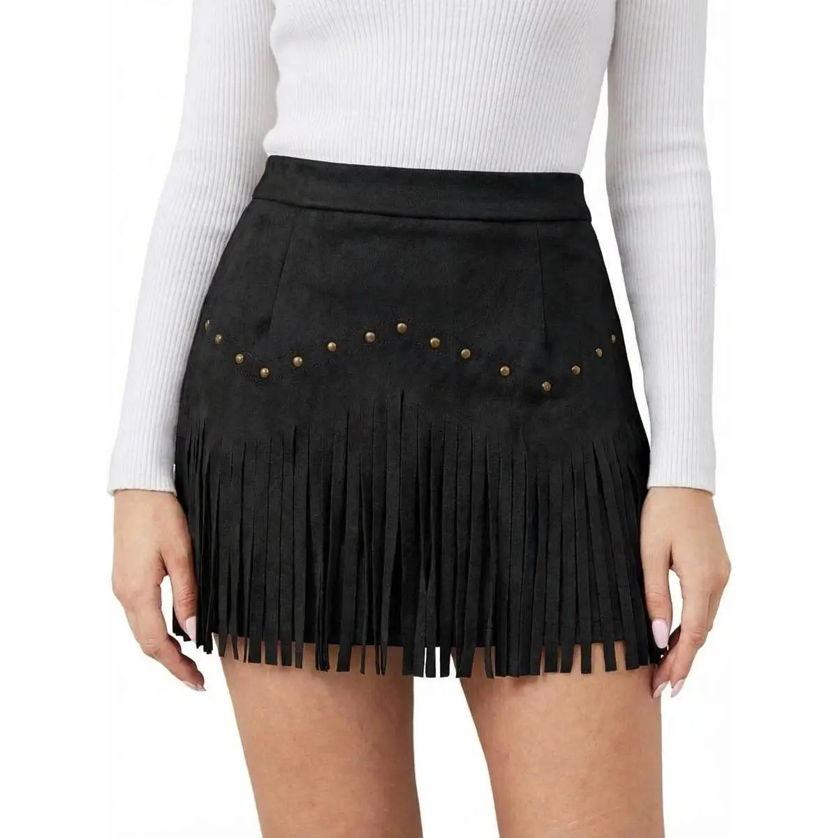 Women's 90% Polyester 10% Elastane Faux Suede Skirt, Vintage Stud Detail Fringe Trim A-Line Mini Skirt, High Waist Soft Stretch Casual Western Style Skirt for Fall Outfits