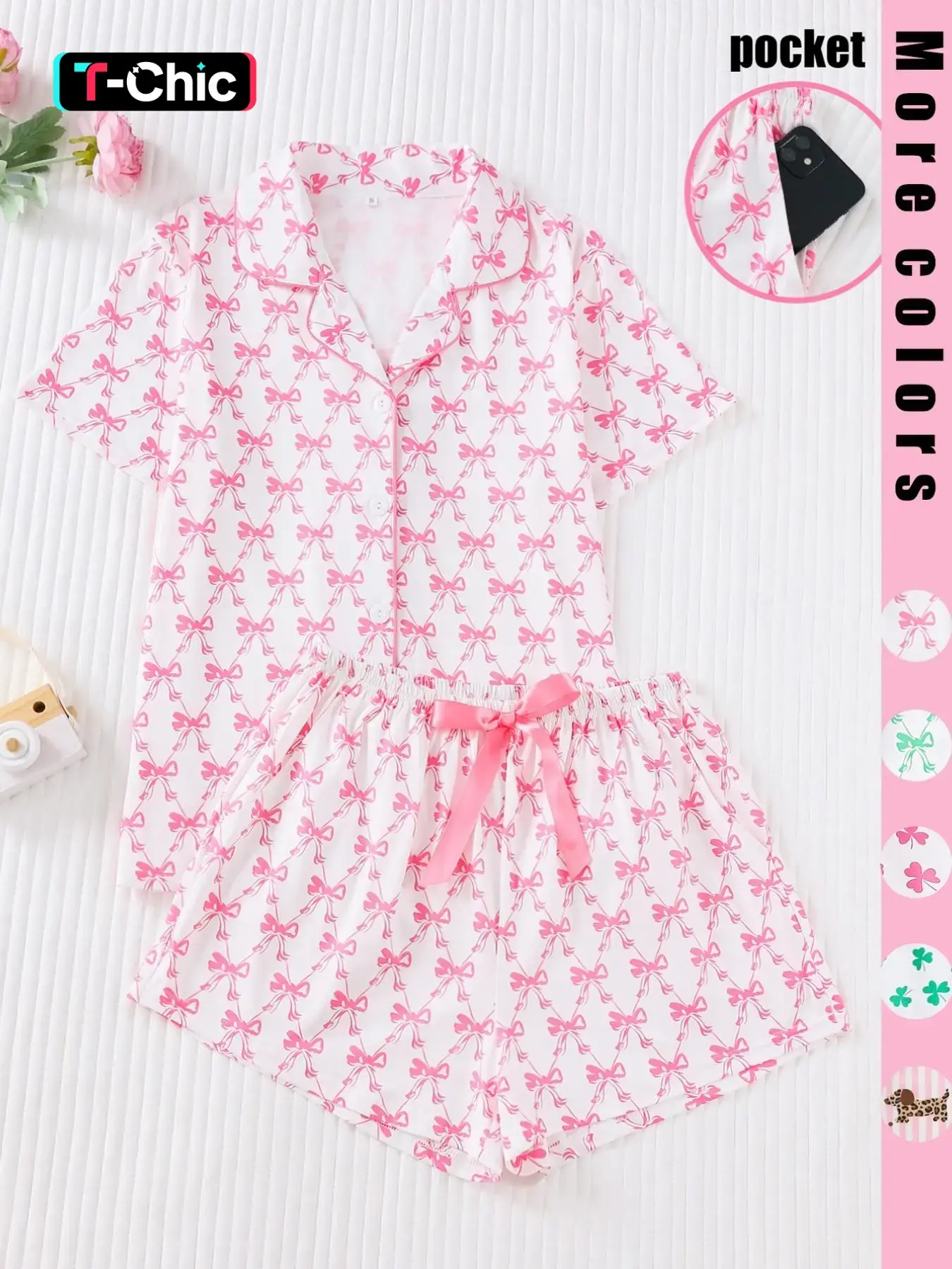 Women's Cute All Over Bow Print Two-Piece Pajama Set, Casual Comfy Pajama, Casual Pajama Sets, Pyjamas, Nightwear, Soft & Smooth Fabric, Casual Fitted Style Loungewear, Comfortable Wear for All Seasons, Top, Pjs