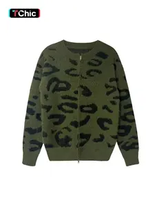 Vintage Leopard Print Knit Sweater Coat for Women, Loose Fit Early Fall Casual Soft Knitted Cardigan, Elegant Slimming Design