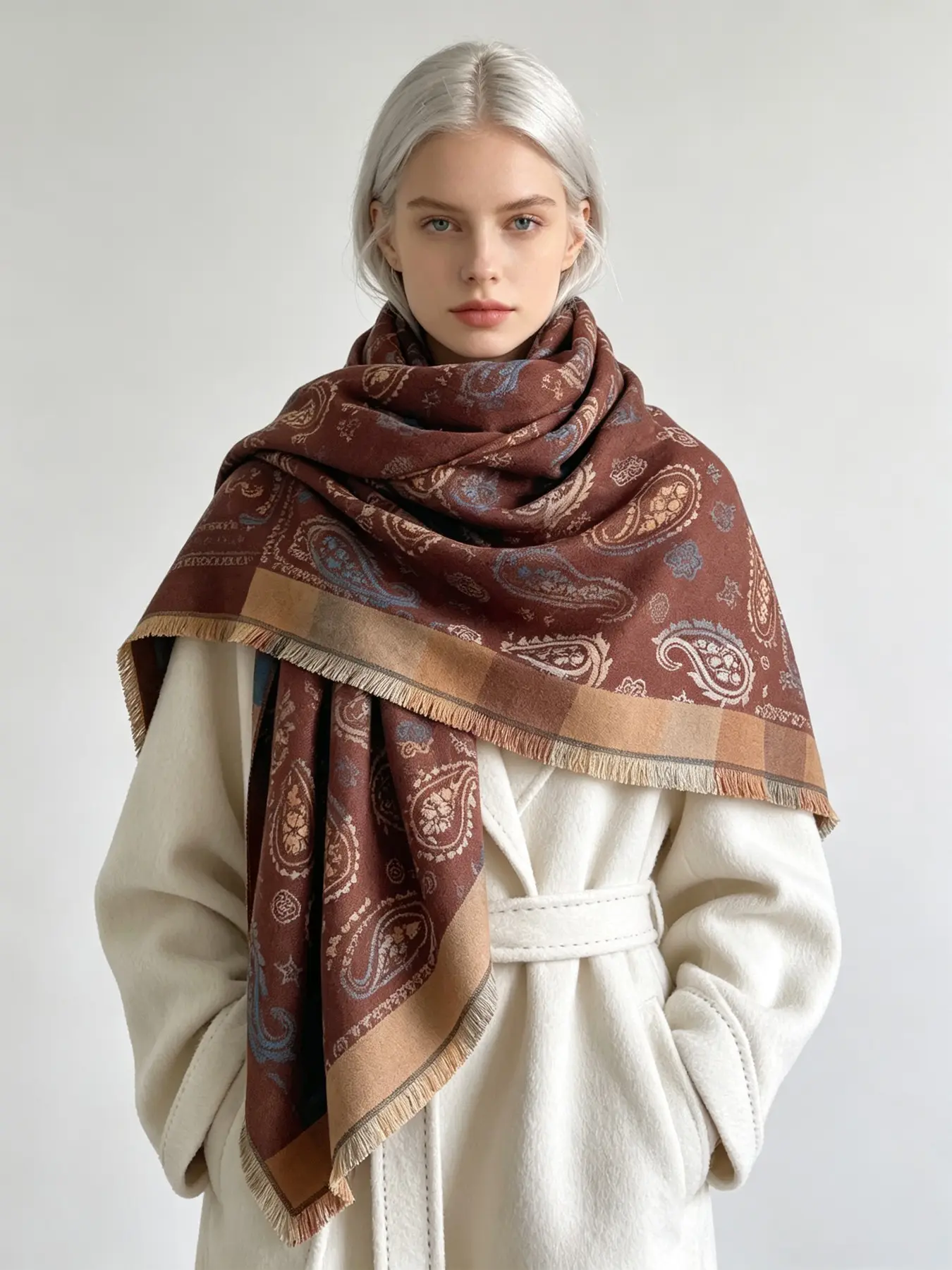 Soft Imitation Cashmere Blanket Scarf for Women, Neutral Cream Vintage Paisley Print, Reversible Shawl Wrap, Warm Winter Scarf