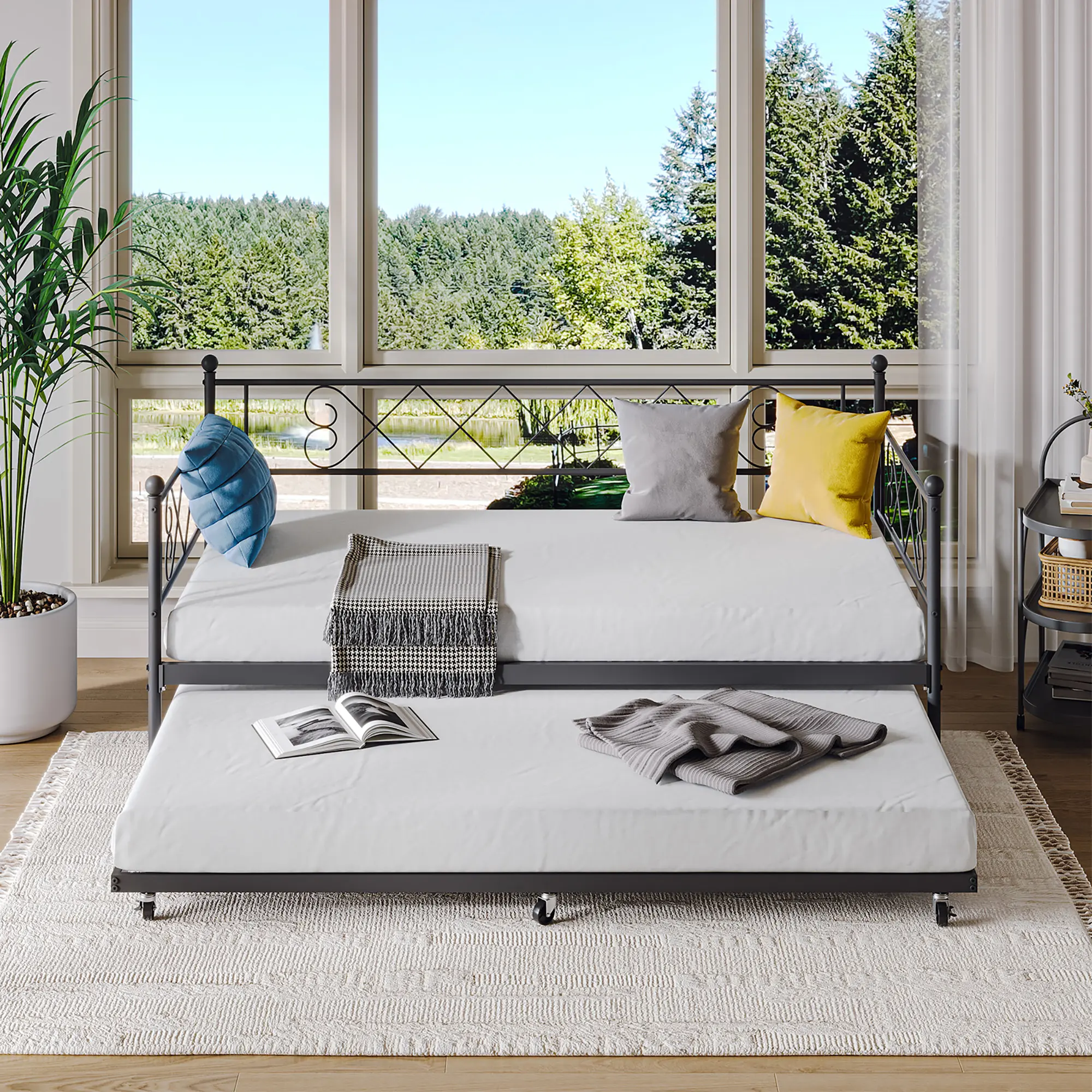 Twin Metal Daybed with Trundle, Heart-Shaped Day Bed Frame with Steel Slat Support, Space-Saving Sofa Bed for Bedroom, Guest Room & Living Room