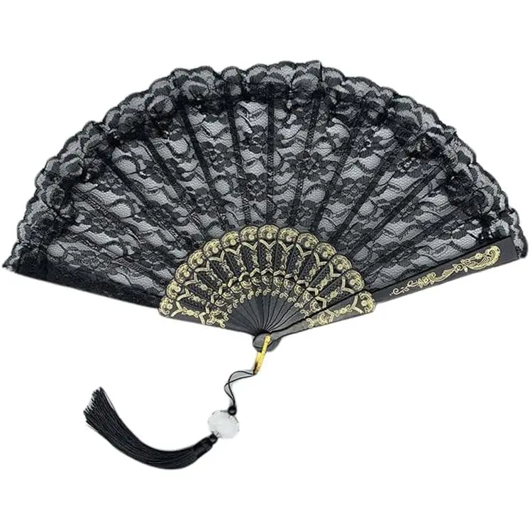 Lace Handheld Chinese Folding Fan Bamboo Silk Fans  Wedding Decoration(Black)