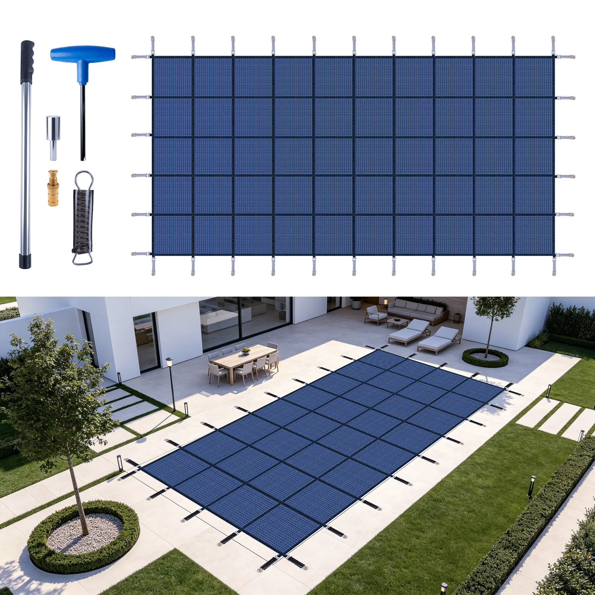 ARCH Rectangular Inground Pool Safety Cover 27x47ft for 25x45ft Pools, Heavy Duty Winter Pool Cover with High Strength Mesh PP, Blue, Includes Brass Anchors Springs & Installation Tools, ASTM F1346 Compliant, Blue Color Options, Polypropylene Materia