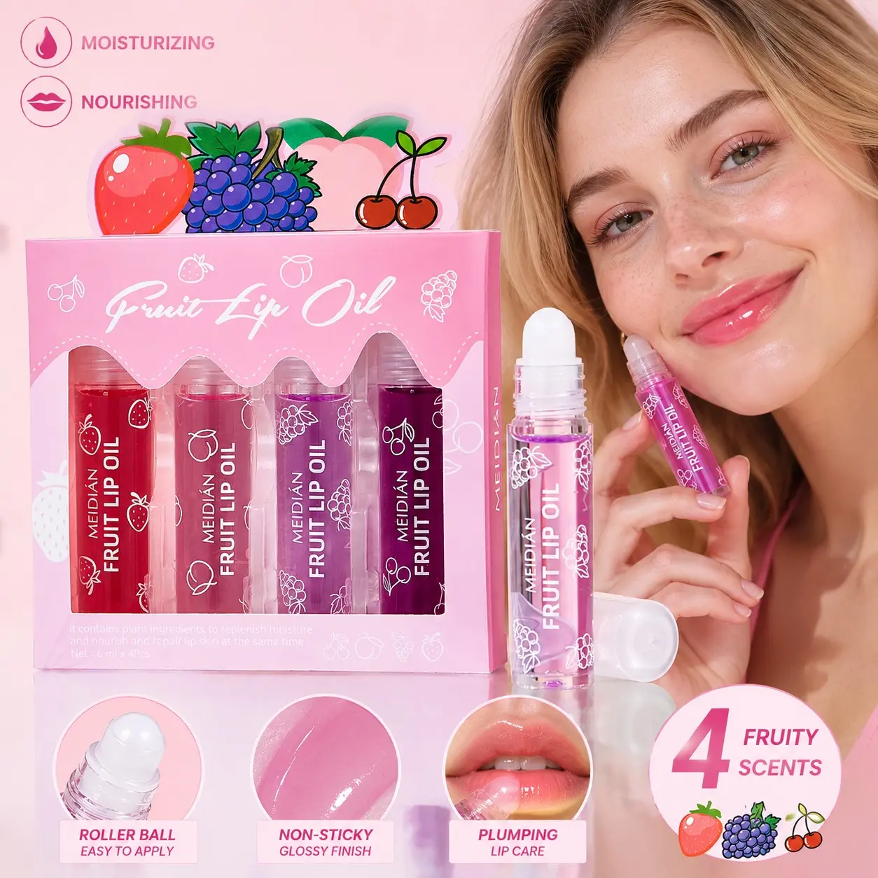 Roll-On Fruit Lip Oil Gloss with Natural Fruit & Jojoba Oil, repairs chapped lips, fades lines, brightens tone, lightweight glassy shine, fresh fruity scent, alone or layered on lipstick