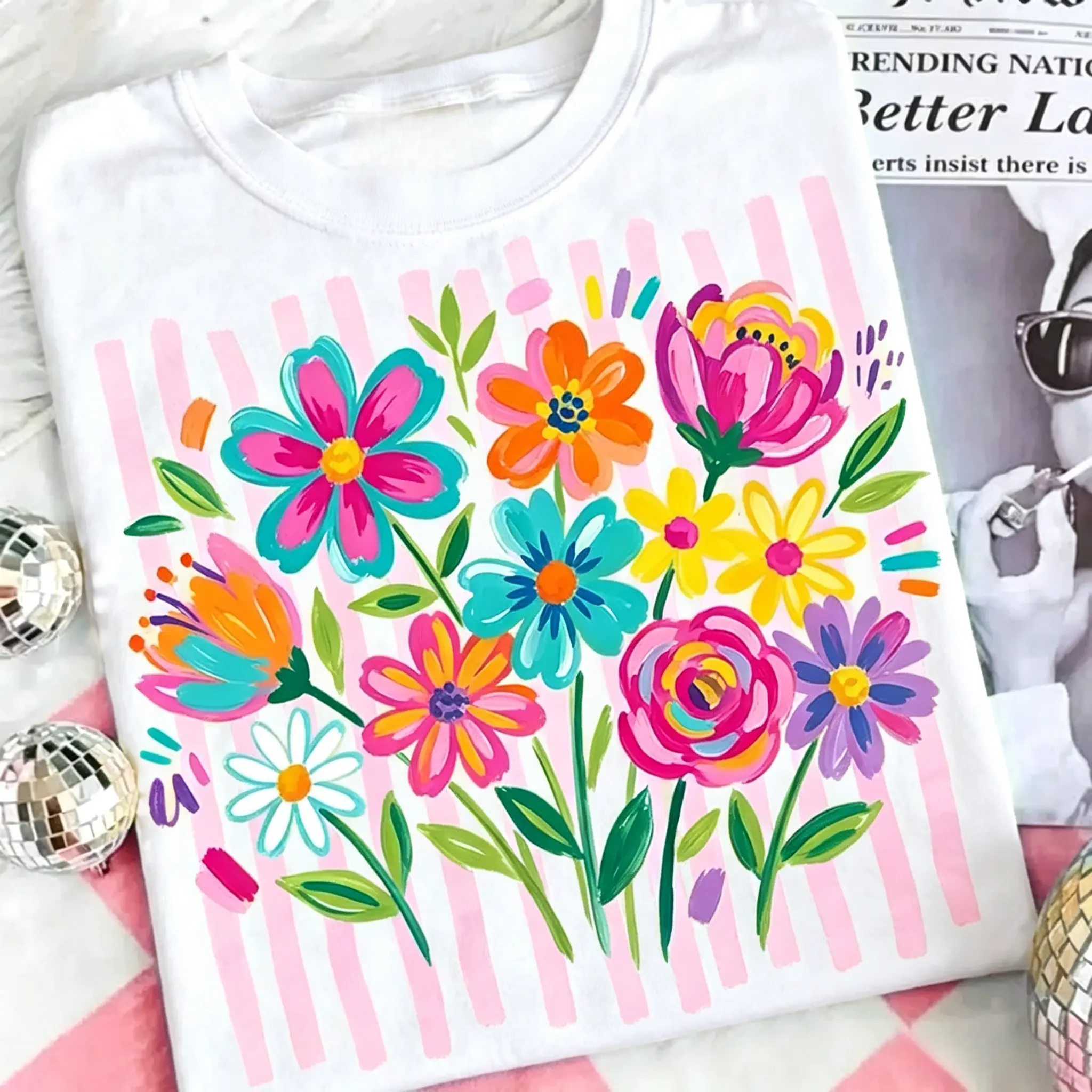 Striped Boho Floral Shirt – Preppy Wildflower Mama Tee, Brushstroke Summer Graphic T-Shirt, Spring Flower Boho Vibes Shirt