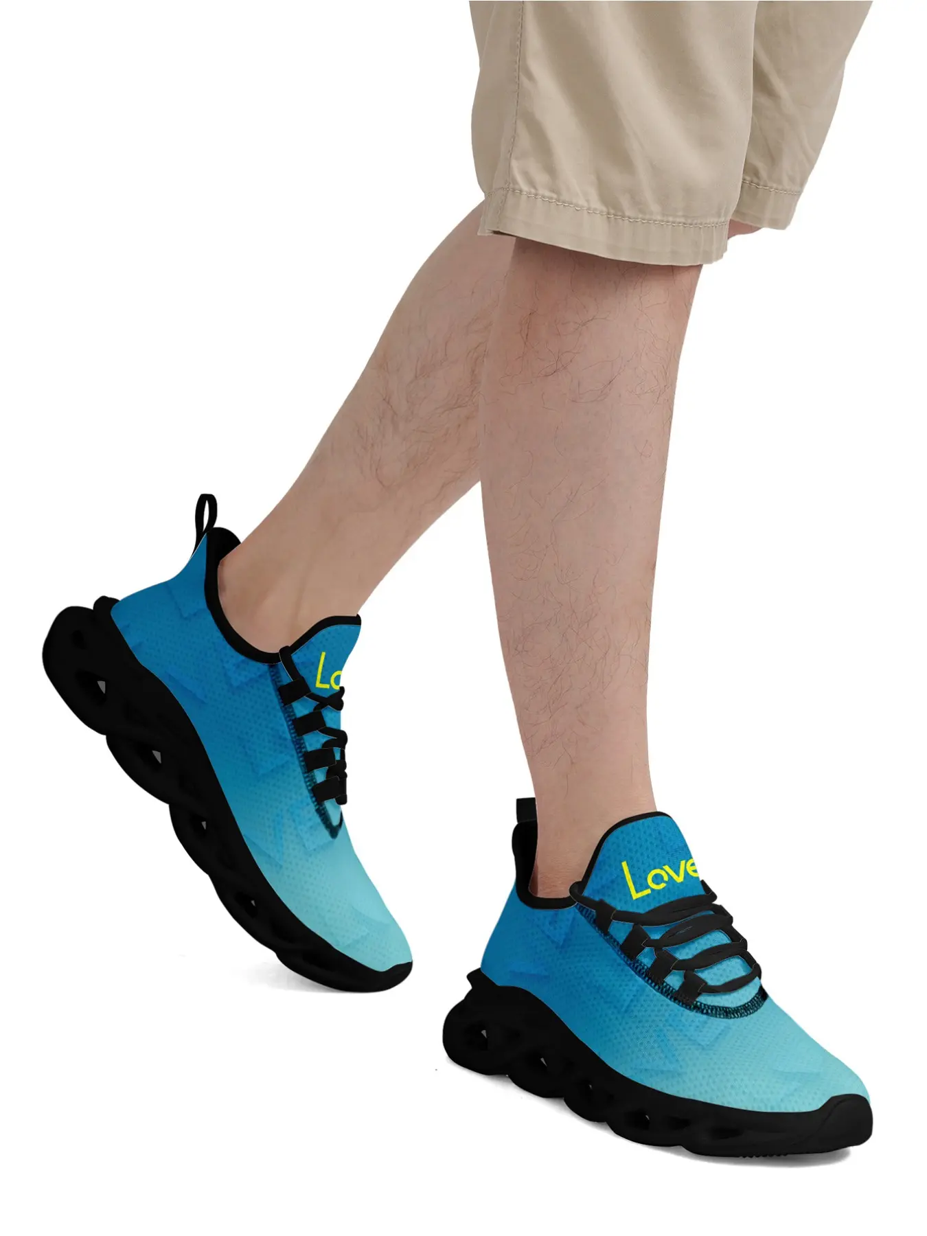 Men's Sunset Villa Collection Fashion Sneakers, Ocean Gradient Blue Hidden Heart Pattern Yellow LOVE Accent Comfort Athletic Running Shoes