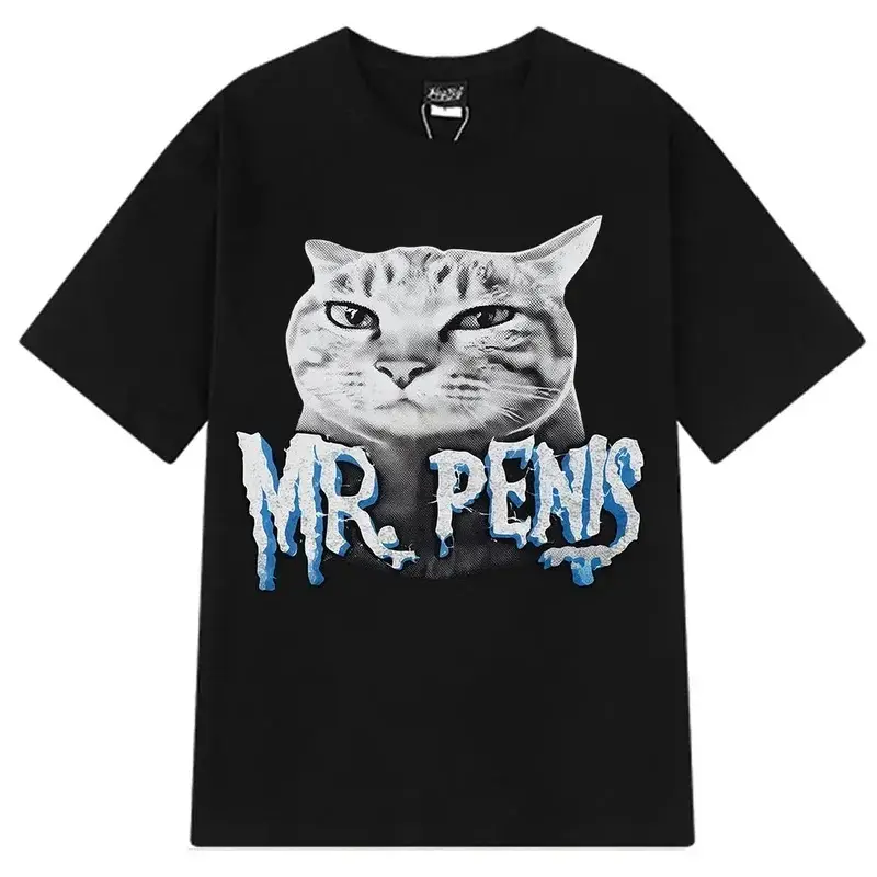 Men's Short-Sleeve Round Neck Cotton T-Shirt - Menswear Streetwear Graphic Print "MR. PENIS" Funny Cat Meme Hip Hop Rap Breathable Comfort Top