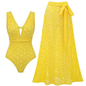Yellow Hollow Laser Cut One-Piece Swimsuit with Matching Cover Skirt Set Quick Drying Removable Pads Stretchy Swimwear Stylish Beachwear Bathing Suit for Women #swimwear #SummerBeachOutfit