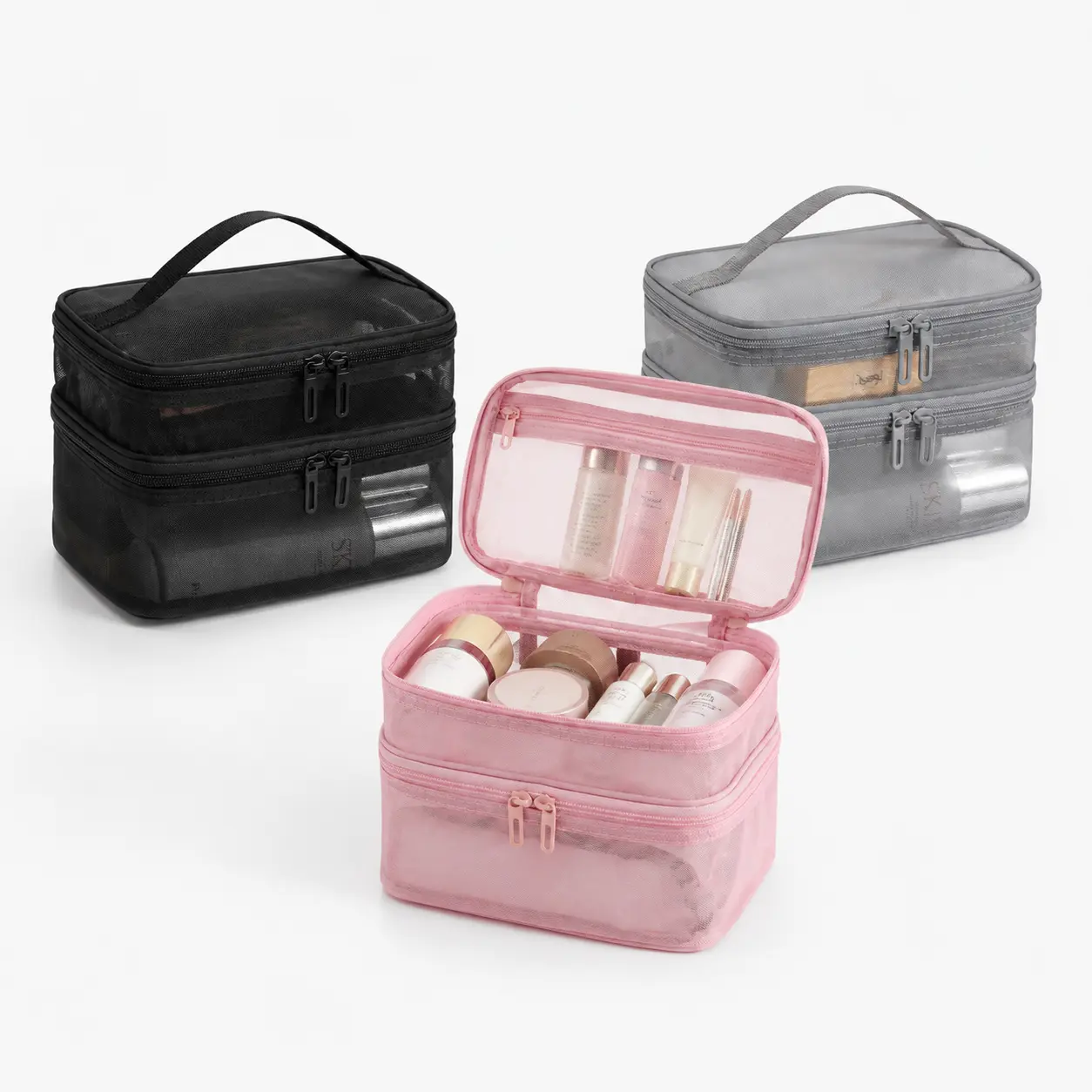 Extra-Large Floral Double-Layer Mesh Makeup Bag - Portable Travel Cosmetic Organizer with Handle and Zipper for Toiletries, Skincare Essentials (Home Organizer Storage Bag) men organizer