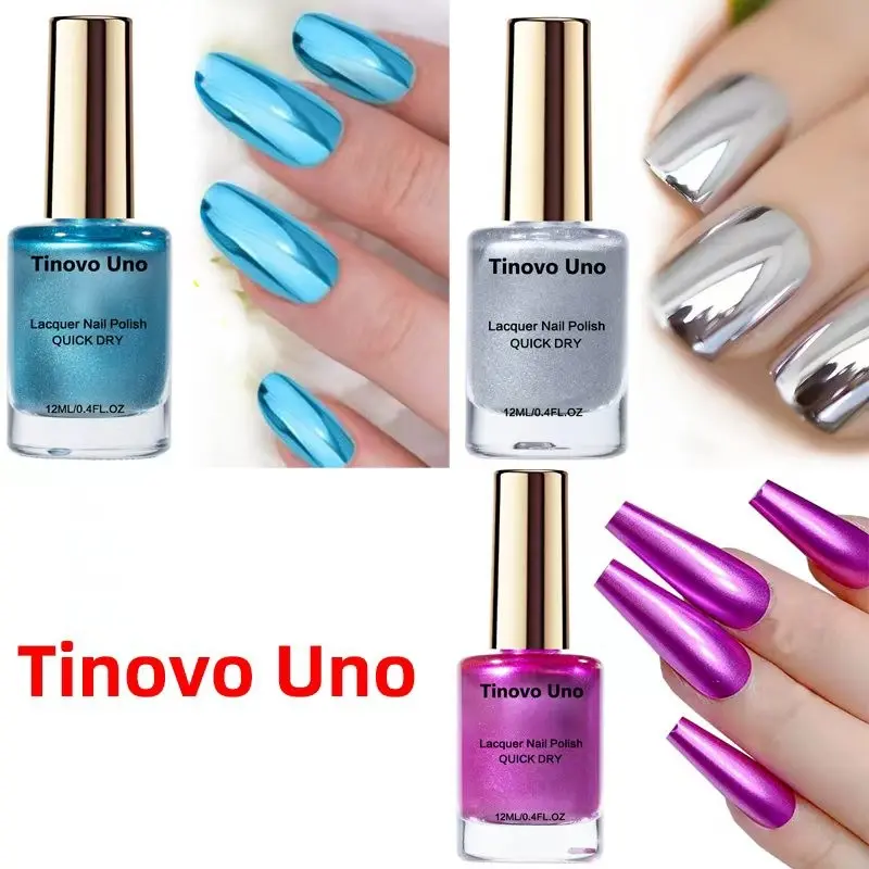 Tinovo Uno 3-Piece Set of Metallic Mirror-Finish Nail Polish (12ml), Fast Drying Nail Polish, Chrome Nails, high-gloss mirror finish, dries naturally and quickly, alcohol-free, perfect for everyday use, parties, manicure, and holiday gifting