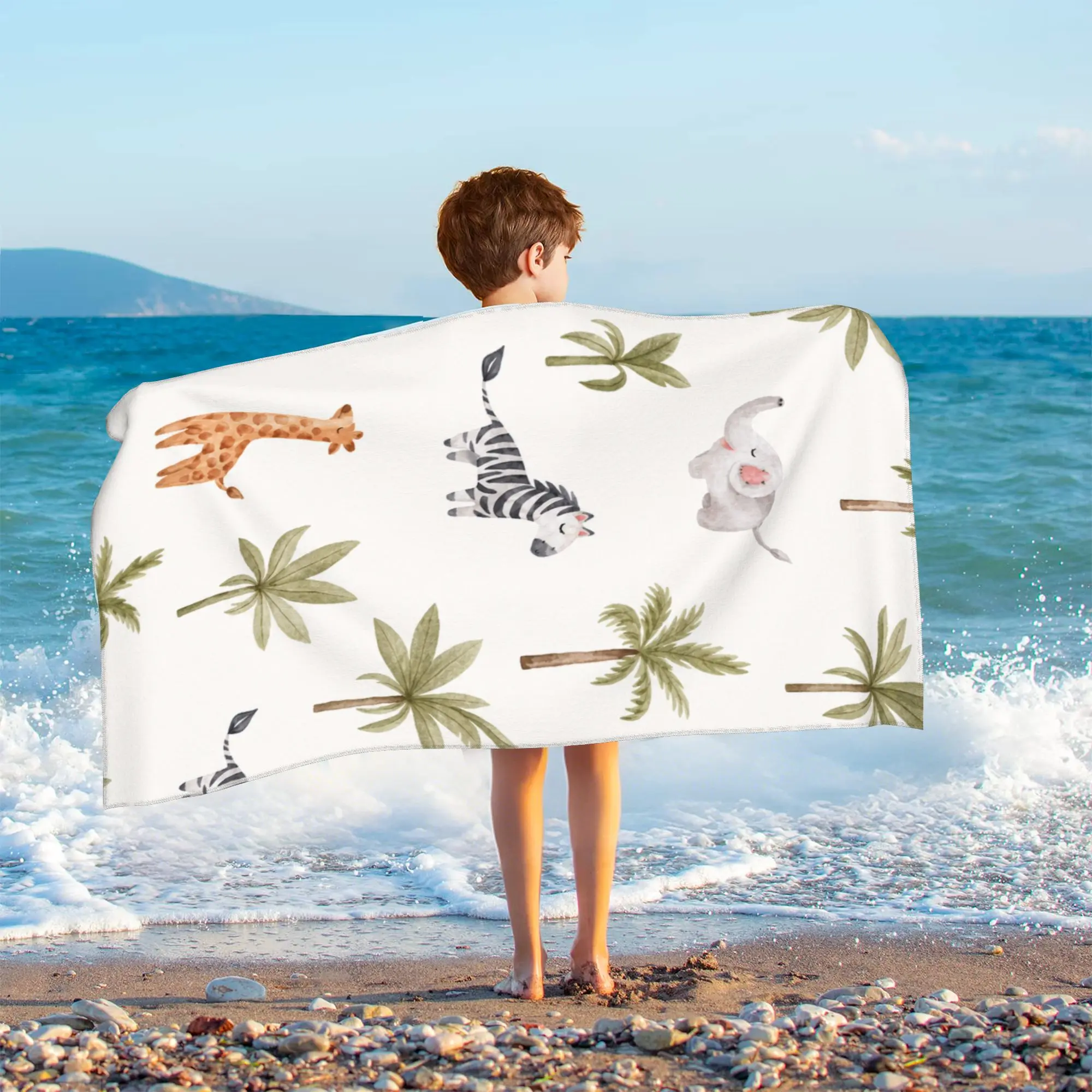 Kids Bath Towel, Soft Microfiber Beach Towel with Cartoon Giraffe Zebra Elephant Print, Super Absorbent & Fast Dry, Multi-Use Plush Swaddle Blanket for Toddlers Children Boys Girls, No Fading Vivid Animal Design