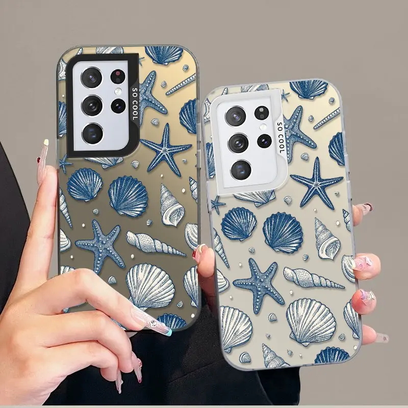 Phone case for Samsung GALAXY S21ULTRA Navy Blue Seashell & Starfish Phone Case Anti-Scratch Shockproof designer case Full Body Protection Colorful Silver Phone Case ROOCY1@9(1)