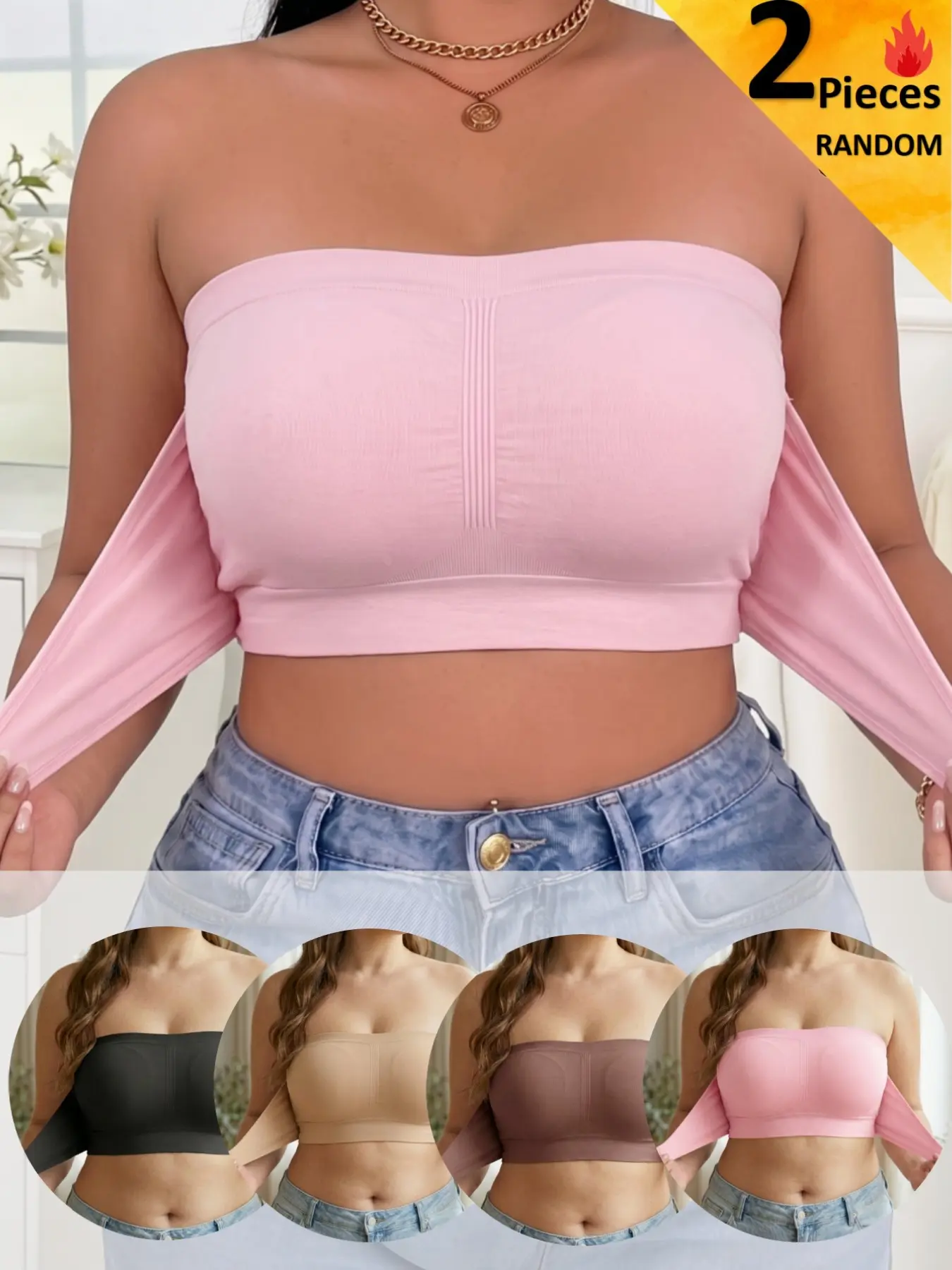 Plus Size Strapless Bra, Adjustable Front Buckle Tube Top, Beautiful Back Design, Unlined, Full Coverage, Casual Style, Perfect for Dress, All Seasons, Underwear