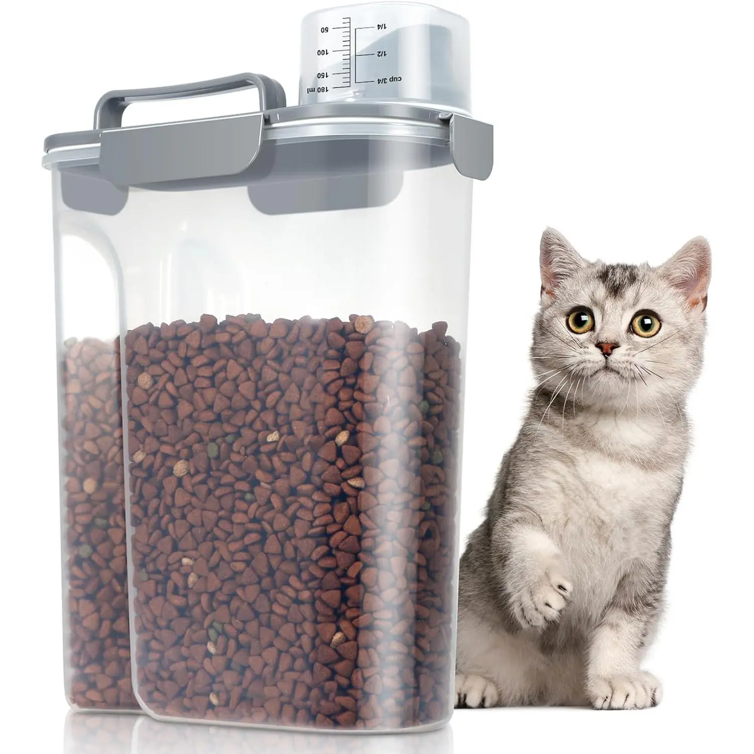 Large Cat Food Storage Container, Portable Dog Food Container with Upgraded Large Spout and Cup, Travel Pet Food Storage Dispenser for Small Animal Kibble Storage, Bird Seed Container - Grey