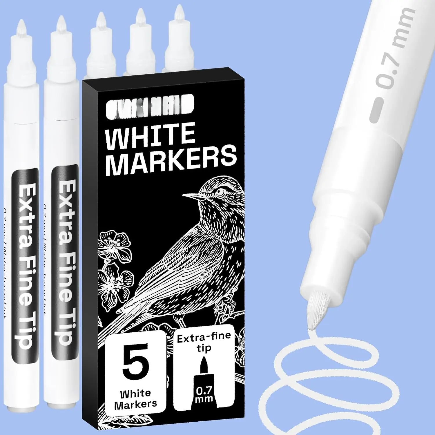 White  Pens - Extra-Fine Tips - Set of 5 |   Markers, Water-Based, For Rock, Glass, Ceramic, , Tire, Fabric, Metal, Canvas, Marking, Painting