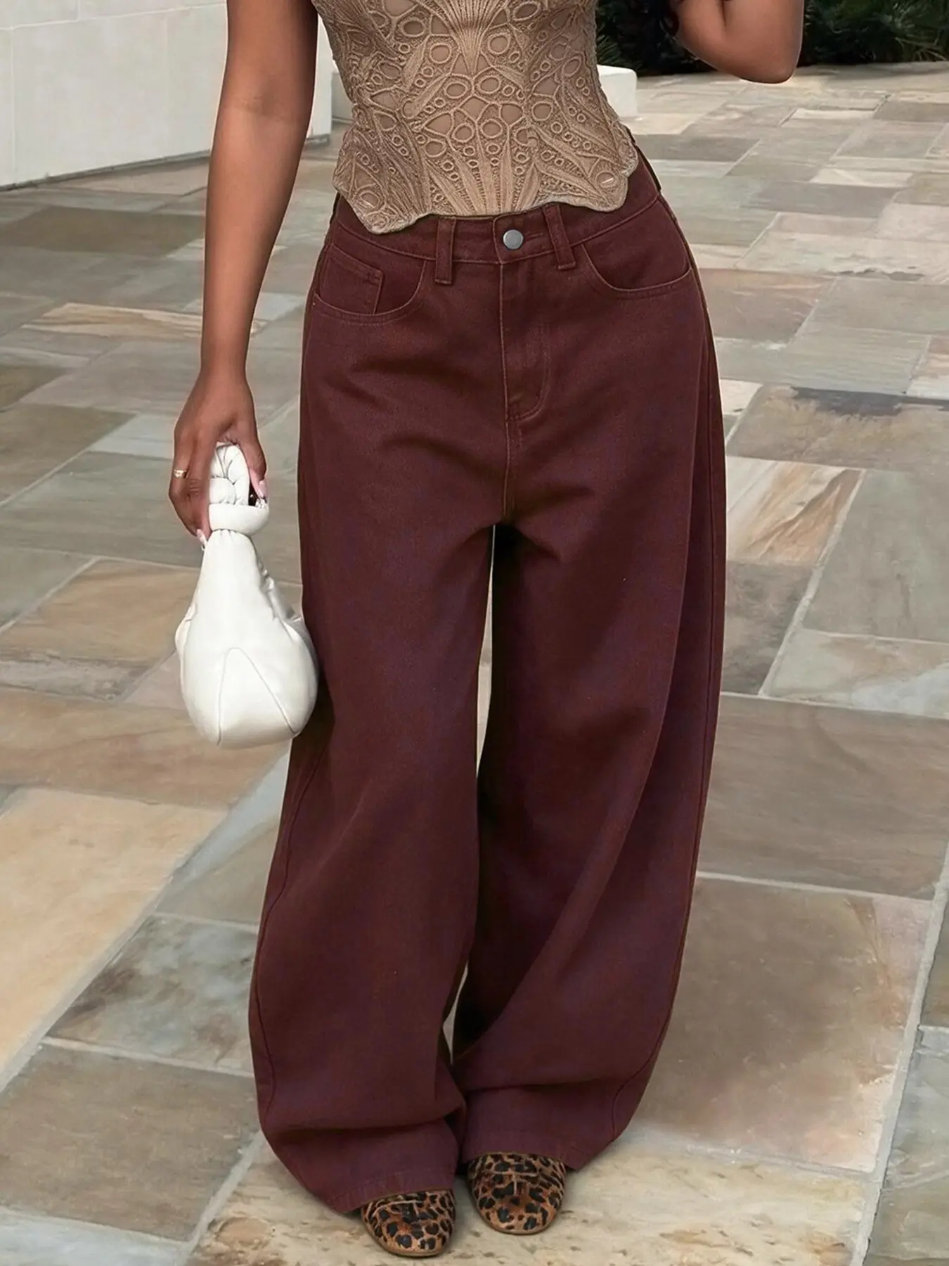 High Waisted Wide Leg Jeans Women Burgundy Washed Loose Fit Palazzo Puddle Minimalist Clean Girl Old Money Elegant Casual Going Out Date Night Brunch Weekend Holiday Party (Excluding belts and accessories)