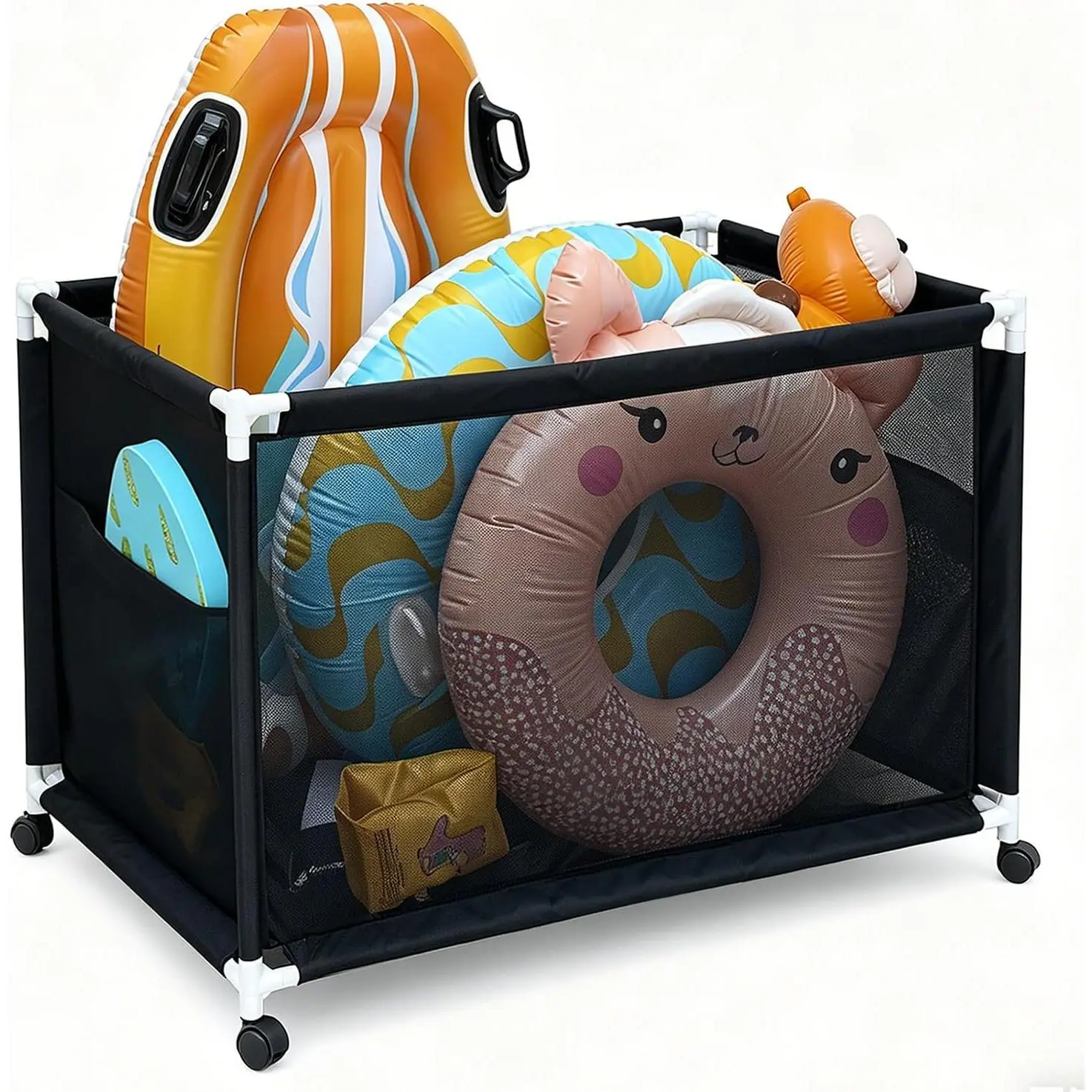 Rolling Pool Storage Bin with Wheels - Mesh Pool Toy Organizer for Floats, Noodles & Accessories, Durable PVC Frame & Breathable Canvas, Lockable Casters for Safety, Easy Assembly