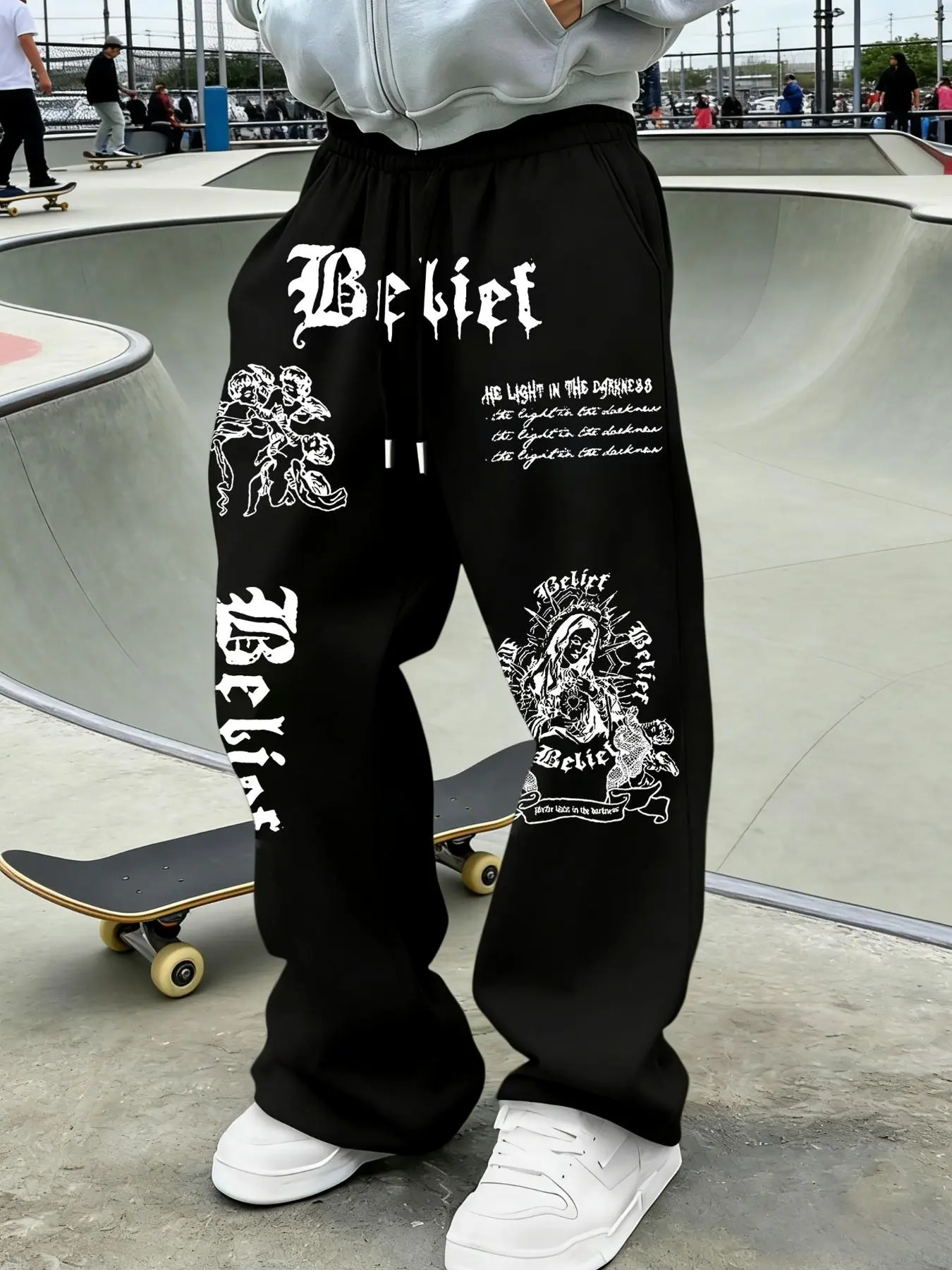 Unisex "Belief" Gothic Art Oversized Sweatpants – Black & White Print, Punk Skate Streetwear Aesthetic, Soft Fleece Fabric, Relaxed Baggy Fit, Perfect for Bold Style Fans, Durable High-Quality Print, Ideal for Skate Parks/Daily Wear