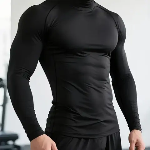 Men's Quick-Dry Stretch Fitness Shirt - High Neck Long Sleeve Workout Top, Moisture-Wicking Tight-Fit Gym & Boxing Shirt with Stretchy Fabric for All Seasons, Athletic Performance Apparel, Athletic Training Tops, Workout Athletic Shirts