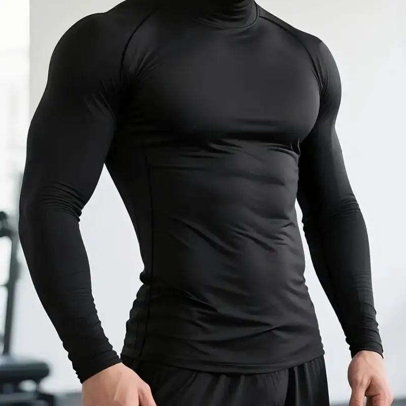 Men's Quick-Dry Stretch Fitness Shirt - High Neck Long Sleeve Workout Top, Moisture-Wicking Tight-Fit Gym & Boxing Shirt with Stretchy Fabric for All Seasons, Athletic Performance Apparel, Athletic Training Tops, Workout Athletic Shirts