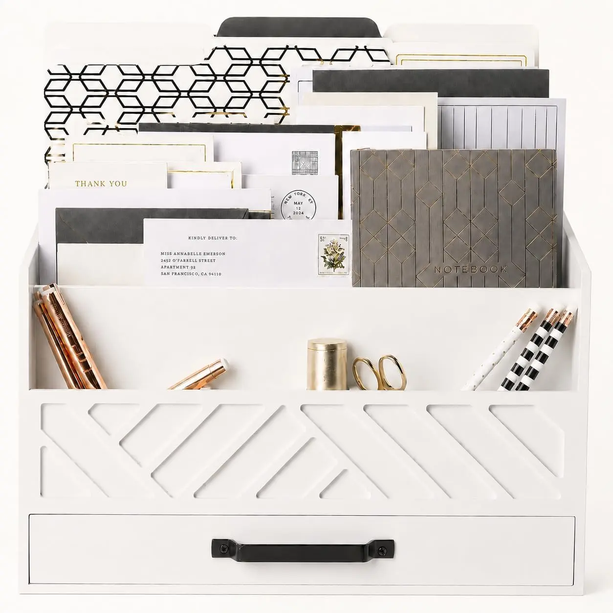 | Wooden Mail Organizer with Drawer | Mail Organizer Countertop with 6 Compartments | Bill Holder for Desk | White Desktop Mail Sorter