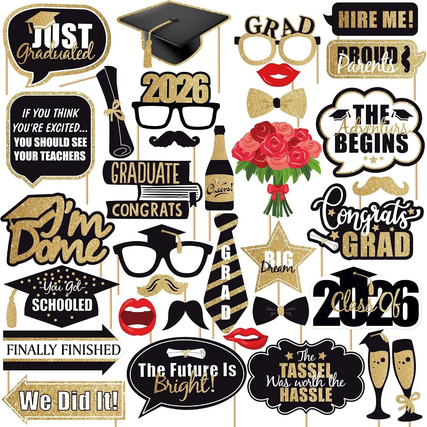 Graduation Decorations 2026 | Glitter Graduation Photo Props 2026 - Pack of 34 | Black and  Photo Props | Grad Photo Props for Congrats Grad Decorations | Graduation Party Decoration,