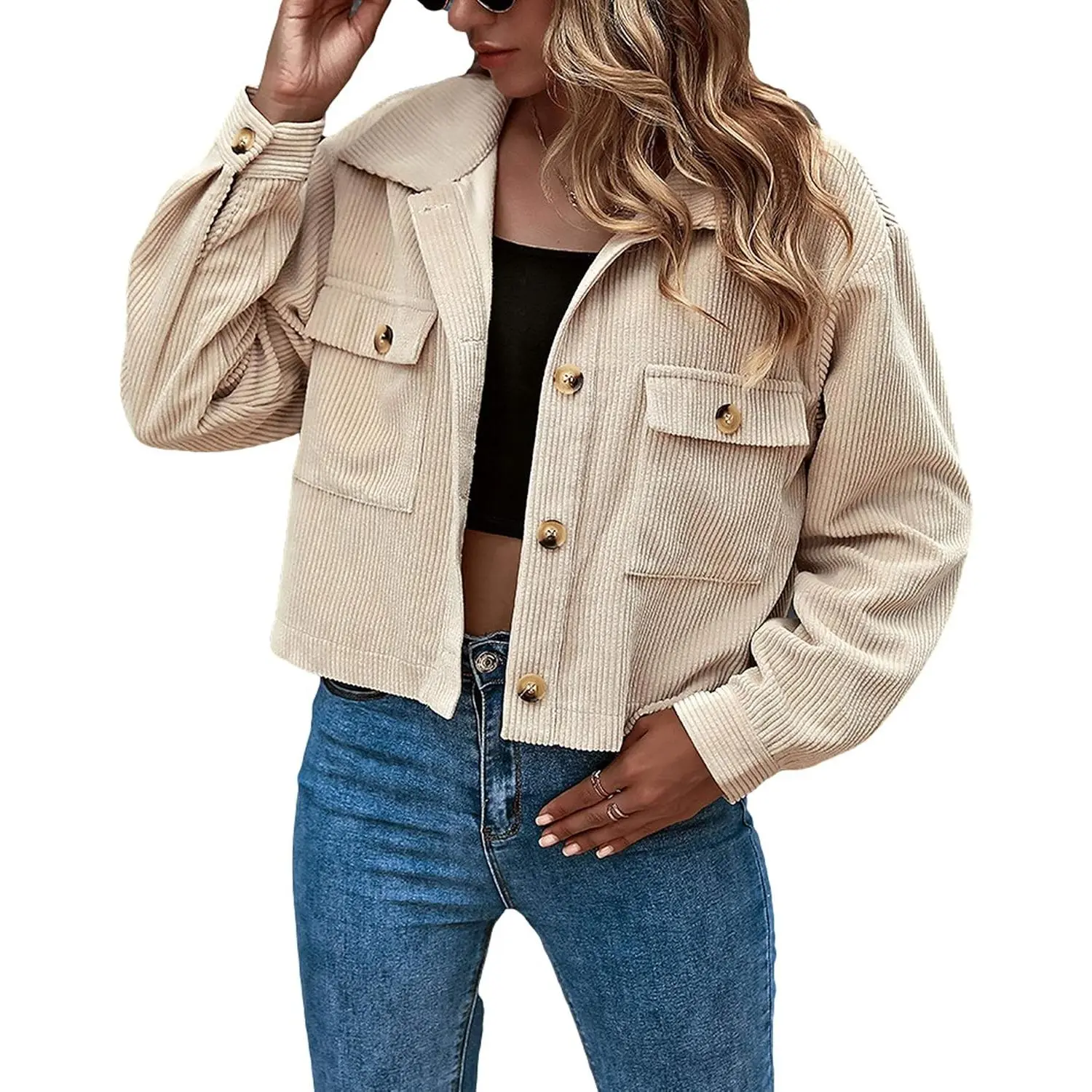 Women's Fashion Cropped Shacket - Button Down Corduroy Jacket with Flap Pockets, Lightweight Casual Outerwear for Fall & Spring