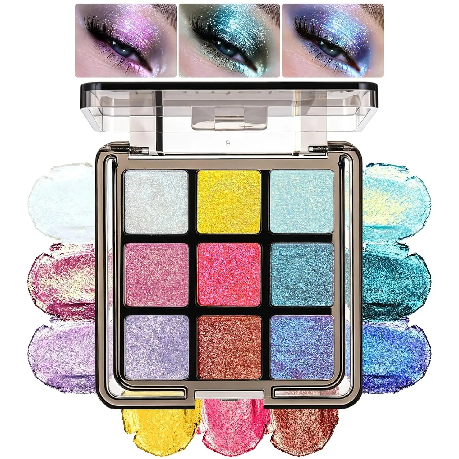 9 Colors Holographic Chameleon Eyeshadow Palette, Duochrome Multichrome Glitter Eye Shadow, Cosmetic Eyeshadow, Waterproof, Sweatproof, Brightener Highlighter Makeup Palette Perfect for Party Stage Makeup