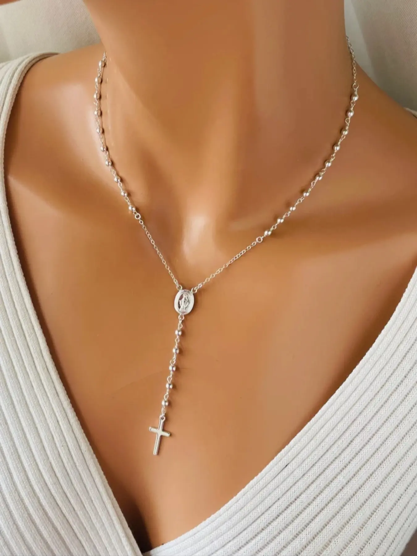 Minimalist Bead Chain Cross Lariat Necklace, Vintage Embossed Coin Y-Shaped Pendant, Adjustable for Women, All Seasons, Cross Necklaces