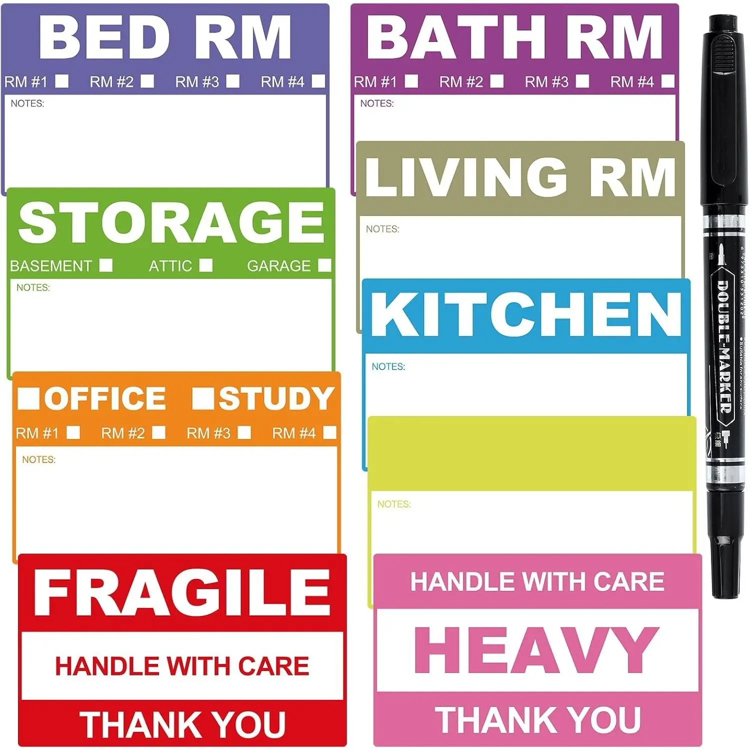 200 Count Removable Moving Labels, 3.4" x 2", 9 Colors with Pen | Waterproof Tear-Resistant Synthetic Paper, Writable Color-Coded Room Labels, Fragile/Heavy/Blank, Residue-Free Removal