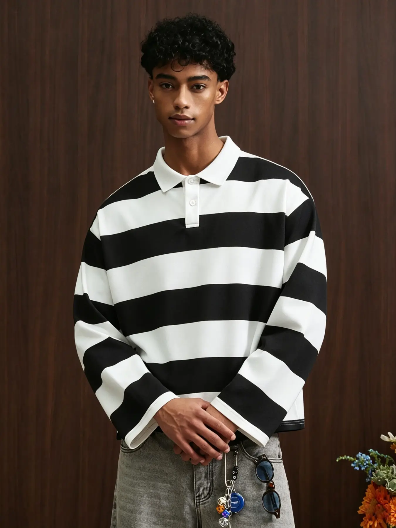 Men's Black and White Wide Stripe Striped Long Sleeve Oversize Loose Collared Polo Shirt, Retro Button-Down Collar for Urban Street Style Streetwear and Daily Casual Outfits