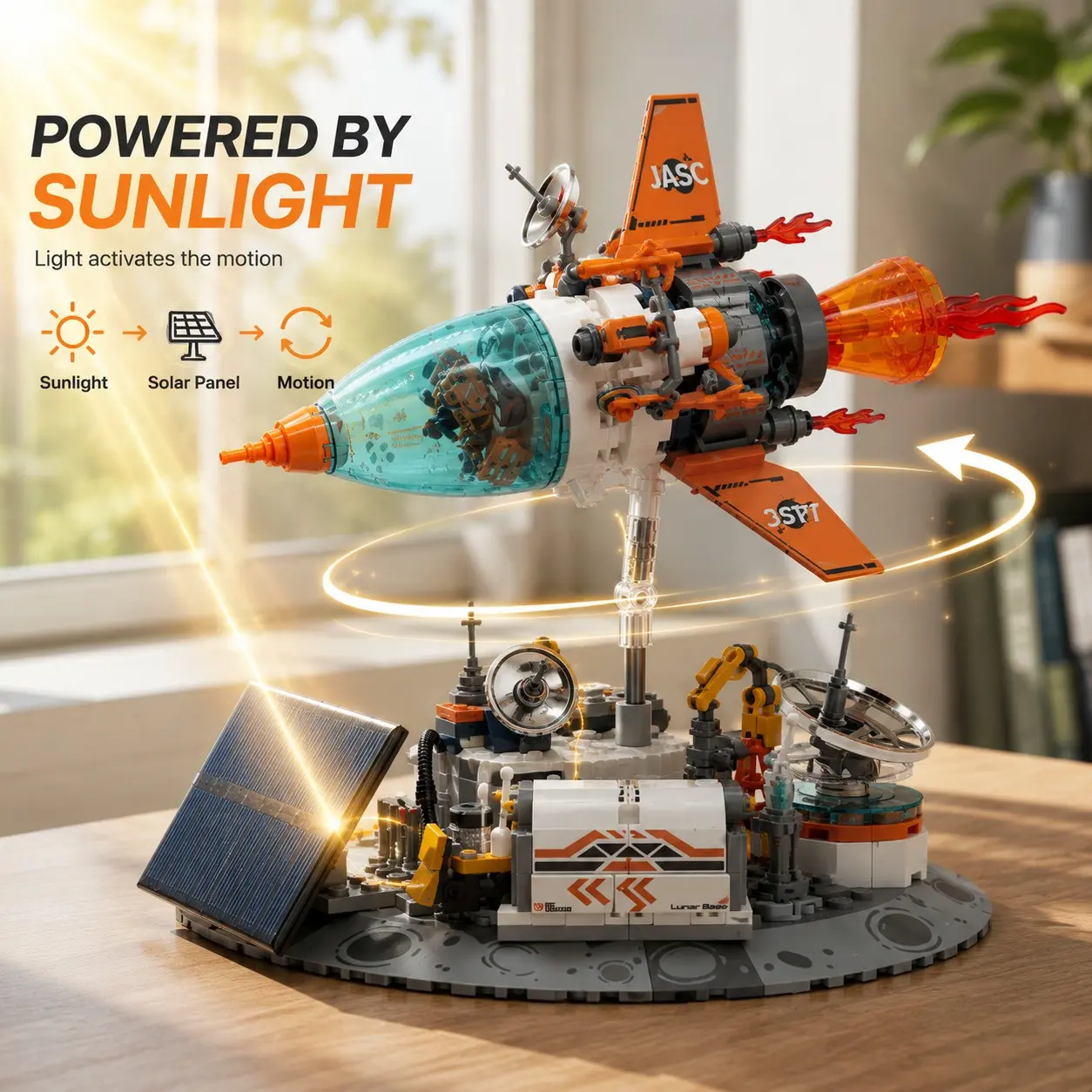 Solar Powered Rotating Rocket and Lunar Base Building Set, Space Exploration STEM Construction Toy with Solar Panel, Communication Tower, Moon Base and Crater Display Stand, Educational Science Model for Kids, Teens, Desk Decor, Collectors and Gifts