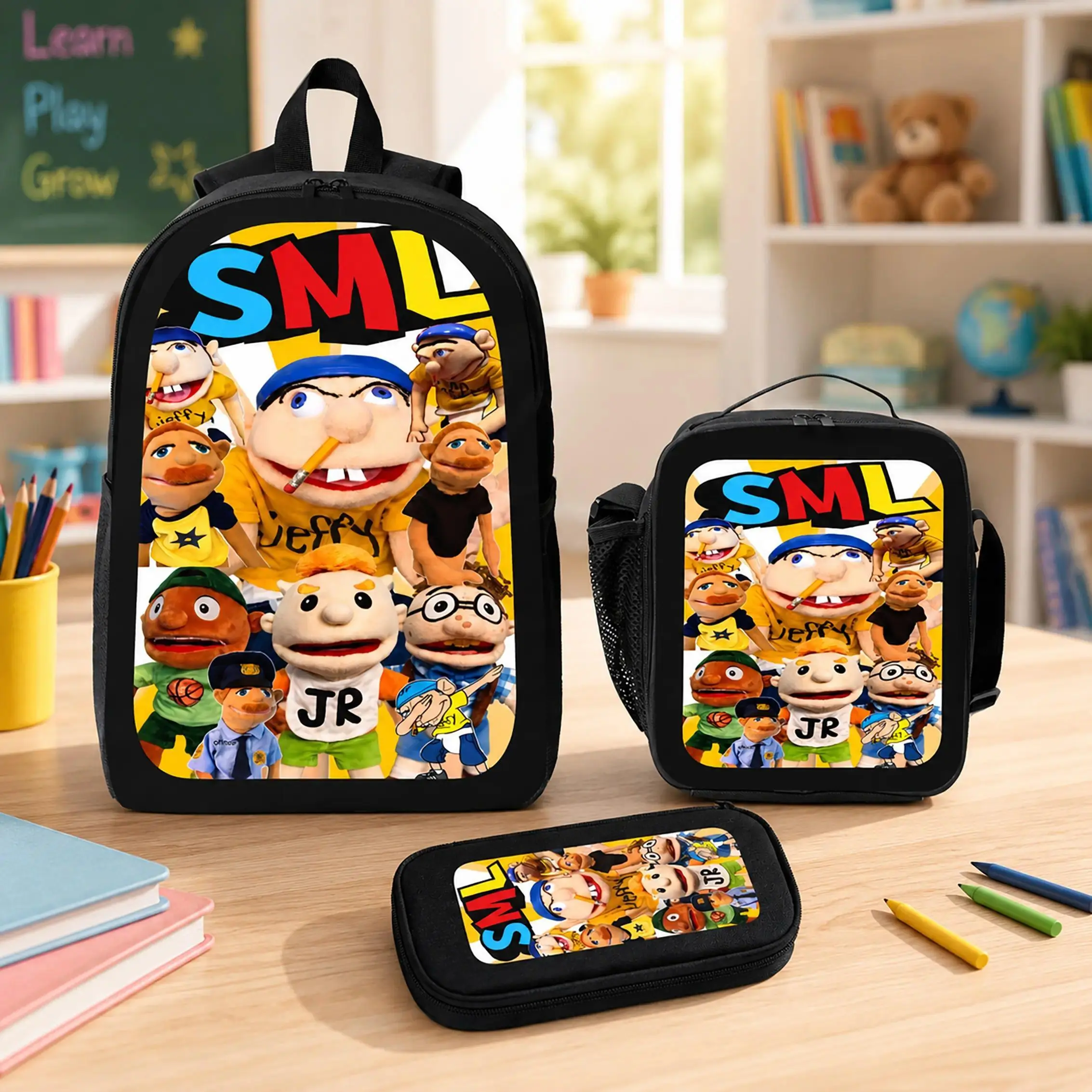Jeffy Puppet Characters Backpack With Lunch Box Pencil Case 3 Piece For Boy Girl Teen Schoolbag Lightweight Large Capacity 600D Oxford Cloth Adjustable Straps Comfortable Mesh Back Cushioning backpack