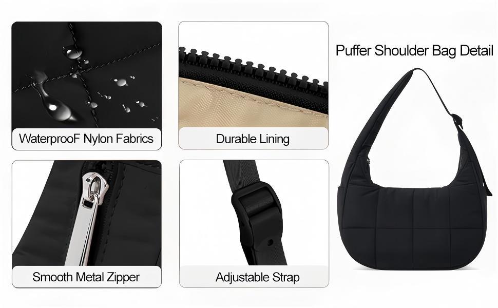 Small Puffer Crescent Shoulder Bag for Women Quilted Nylon Waterproof with Side Pocket for Cans Lightweight Travel Gym Purse FOR FALL SpringStatements