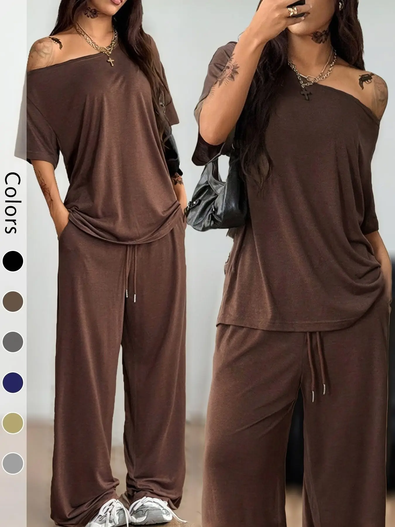 Women's 2-Piece Sleepwear Set Loungewear Outfit, Casual Solid Color, Loose Short Sleeve Top and Long Pants, Comfortable Homewear