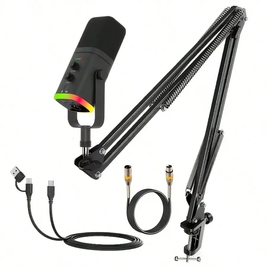 Professional Dynamic Gaming Microphone Kit with Boom Arm, USB/XLR RGB Streaming Mic, Singing Mic, One-Touch Mute, Headphone Monitoring, Volume Control for TikTok Live, YouTube, Twitch, Discord, Podcast Recording, Wired Recording and PC Gaming
