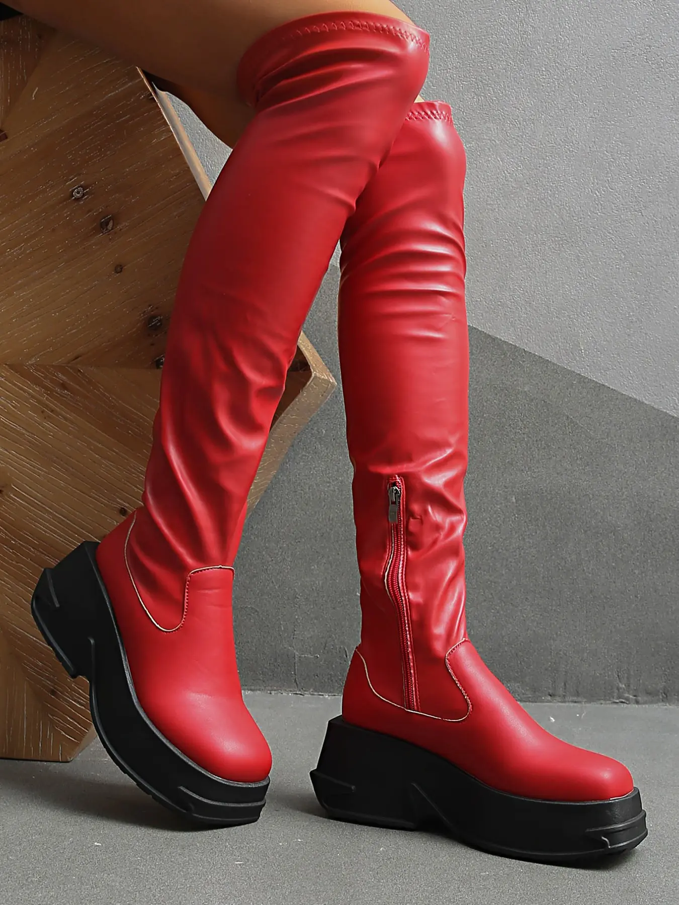 Elastic Glossy Over-The-Knee Boots for Women, Asymmetrical Textured Thick Sole, Side Zipper, Millennial Style High-Calf Boots