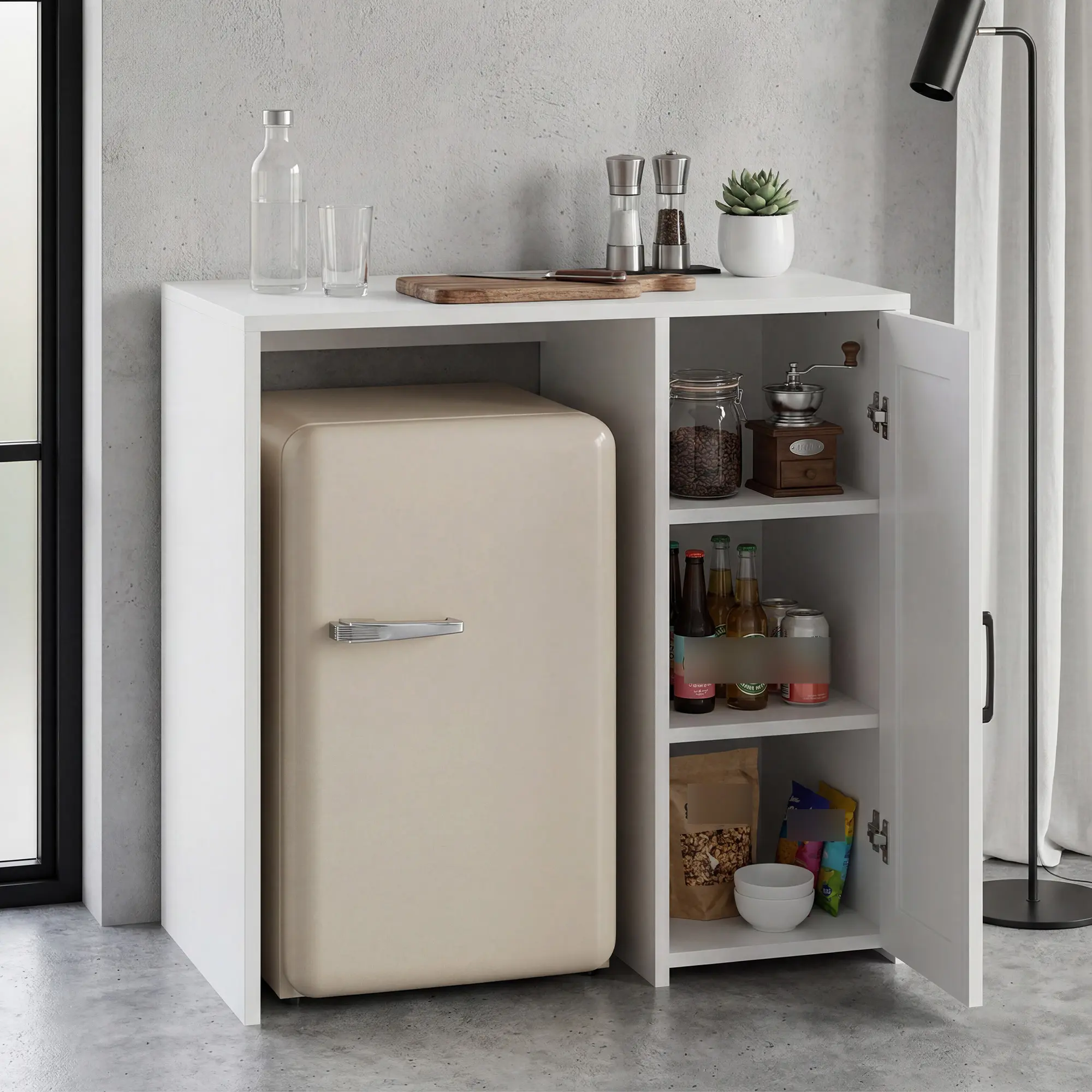 37.4in Sturdy Particle Board Mini Fridge Storage Cabinet with Built-in Outlet, 3 Separated Storage Cubbies, Space-Saving Coffee Bar Over Shelf Organizer for Apartment, Kitchen