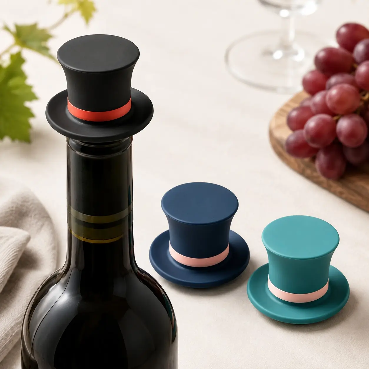 3-Pack Silicone Wine Bottle Stoppers, Reusable Top Hat Design for Opened Wine Bottles